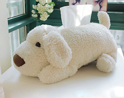 DearDo Super Plush Dog Tissue Box Cover - Cute Cartoon Tissue Paper Holder & Napkin Storage Box for Car, Home, Bathroom Decor (White) | Perfect for Living Room, Bedroom, Office & Gift Giving