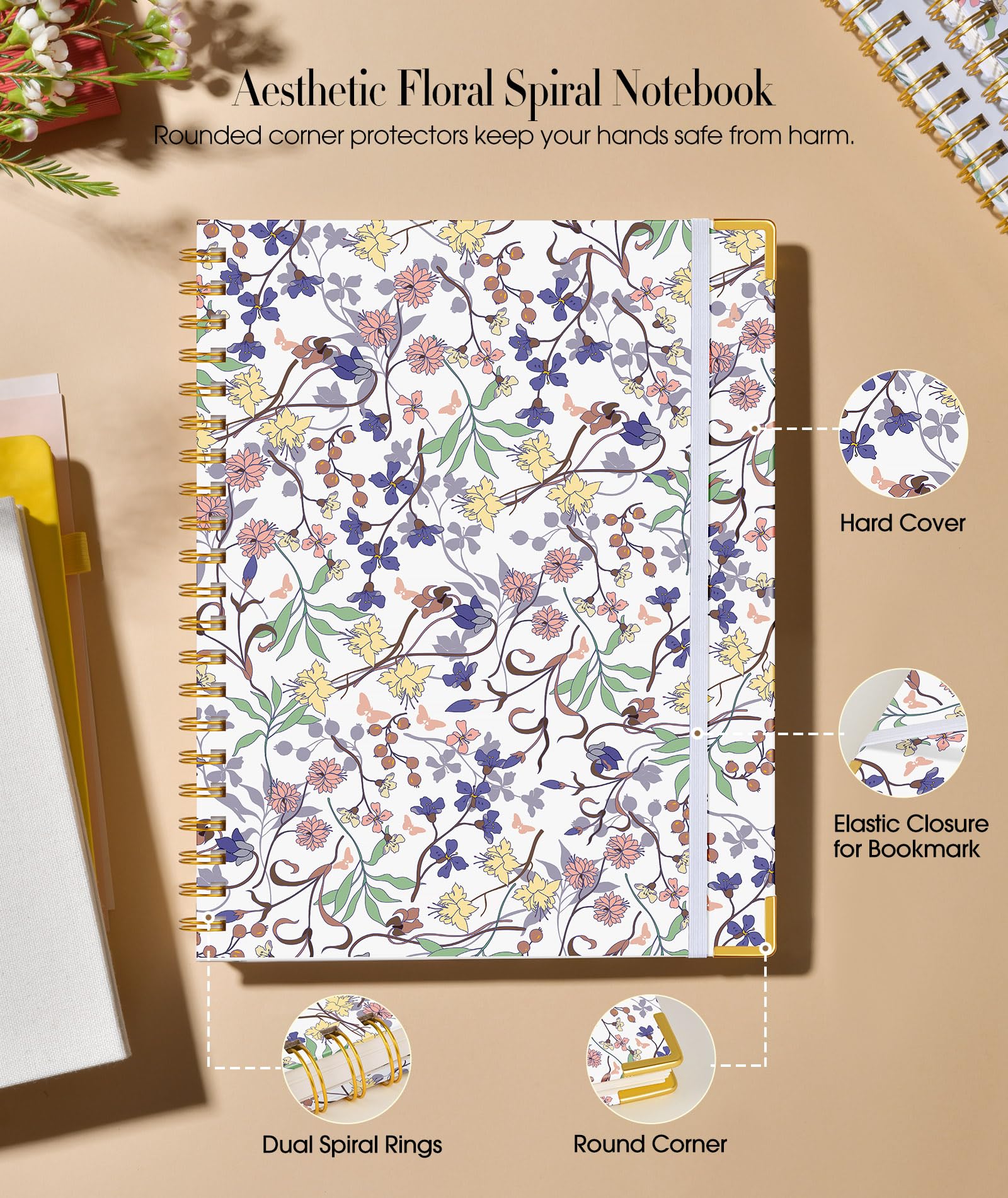 Premium Spiral Notebook for Women - 200 Page Lined Journal with Floral Design, 8.5