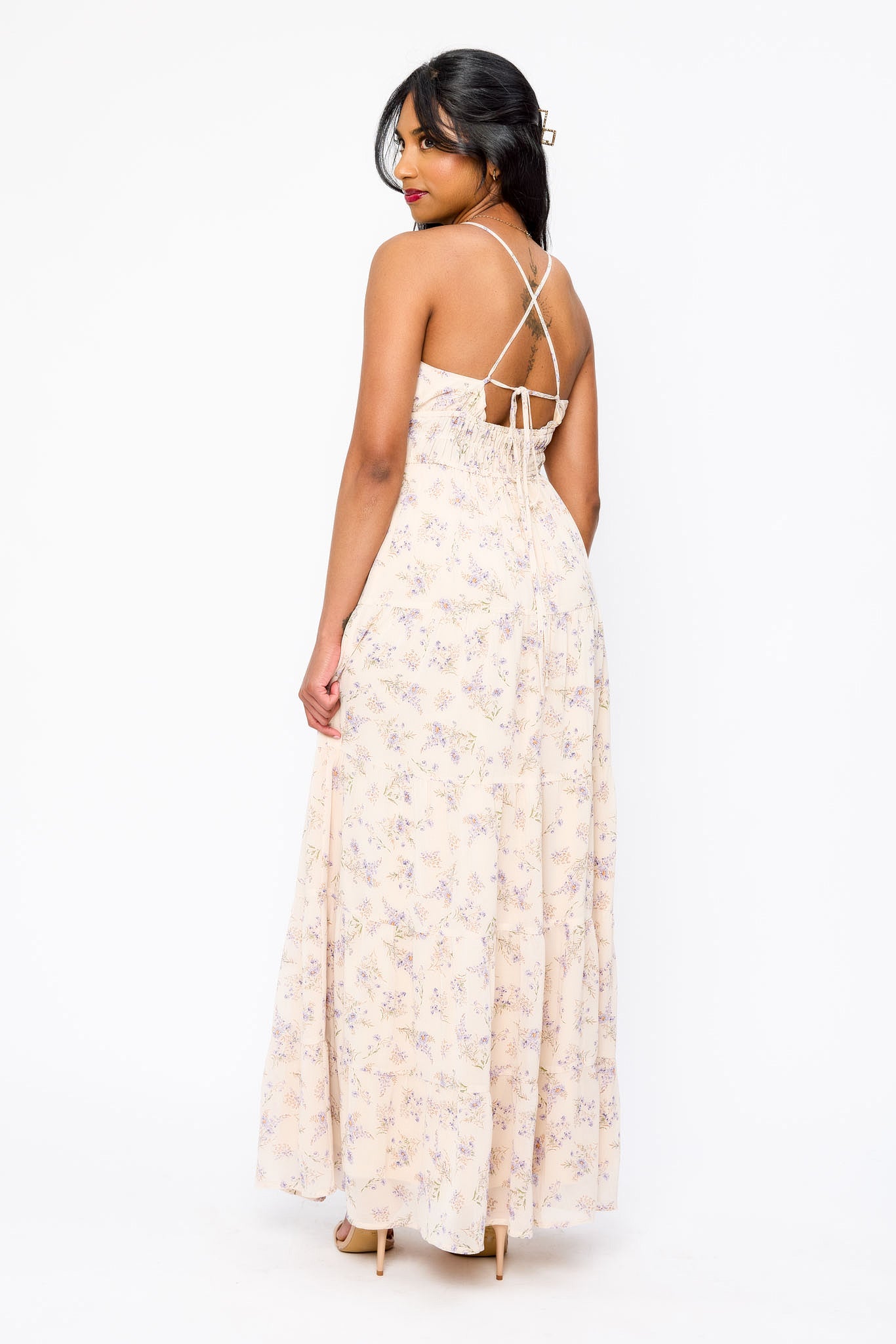 Floral Chiffon Spaghetti Strap V-Neck Maxi Dress with Smocked Back - Elegant Summer Beach Wedding Guest Dress for Women