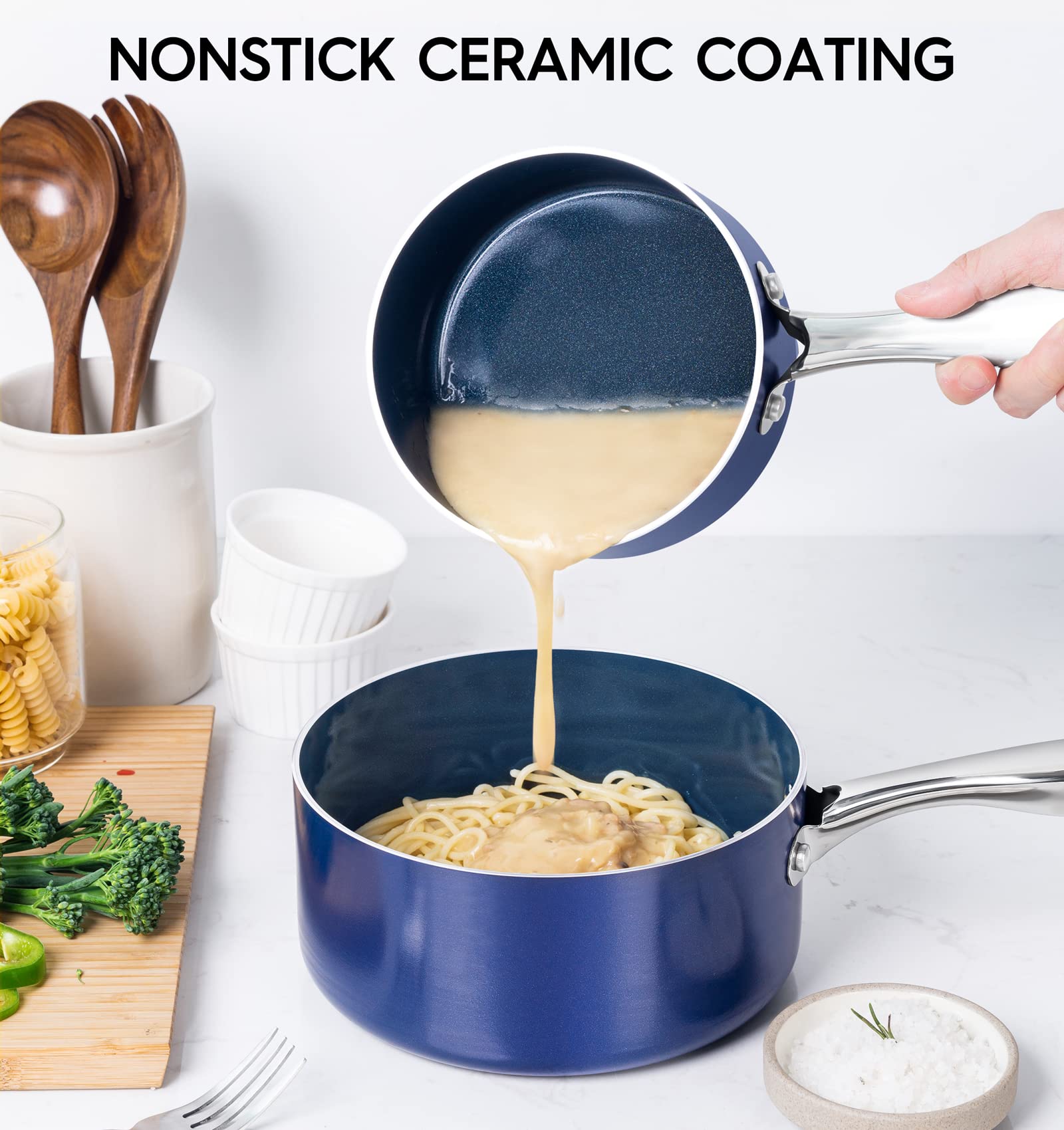 MICHELANGELO 1Qt & 2Qt Ceramic Nonstick Saucepan Set with Lids - Stainless Steel Handle, Oven Safe Cookware (Blue) - Perfect for Boiling, Simmering & Sauce Making in Home Kitchens