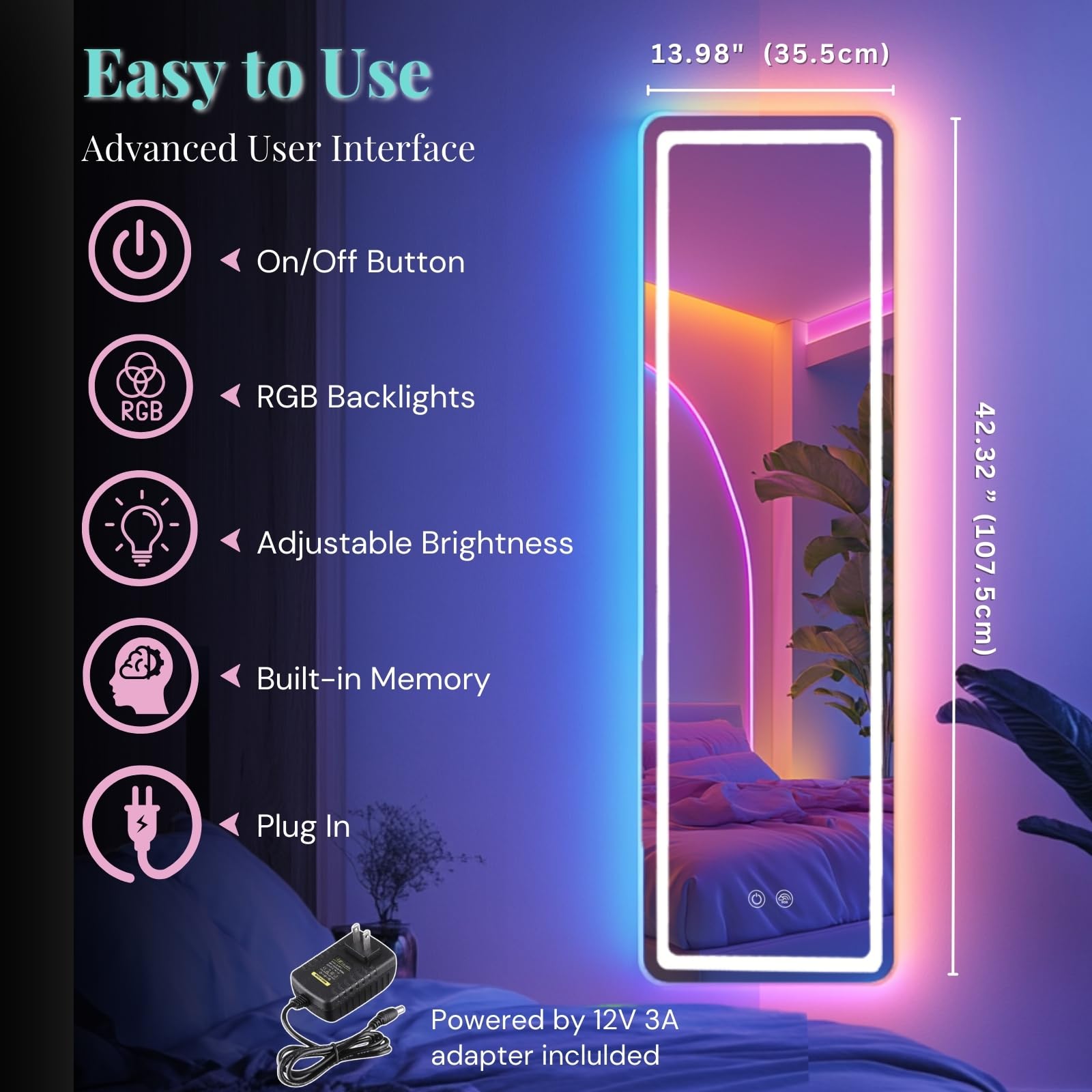 LUXFURNI Full Length LED Mirror with RGB Dimmable Lights - Wall Mounted Full Body Mirror 42.32x14 Inch for Bedroom, Bathroom, Vanity & Dressing Room
