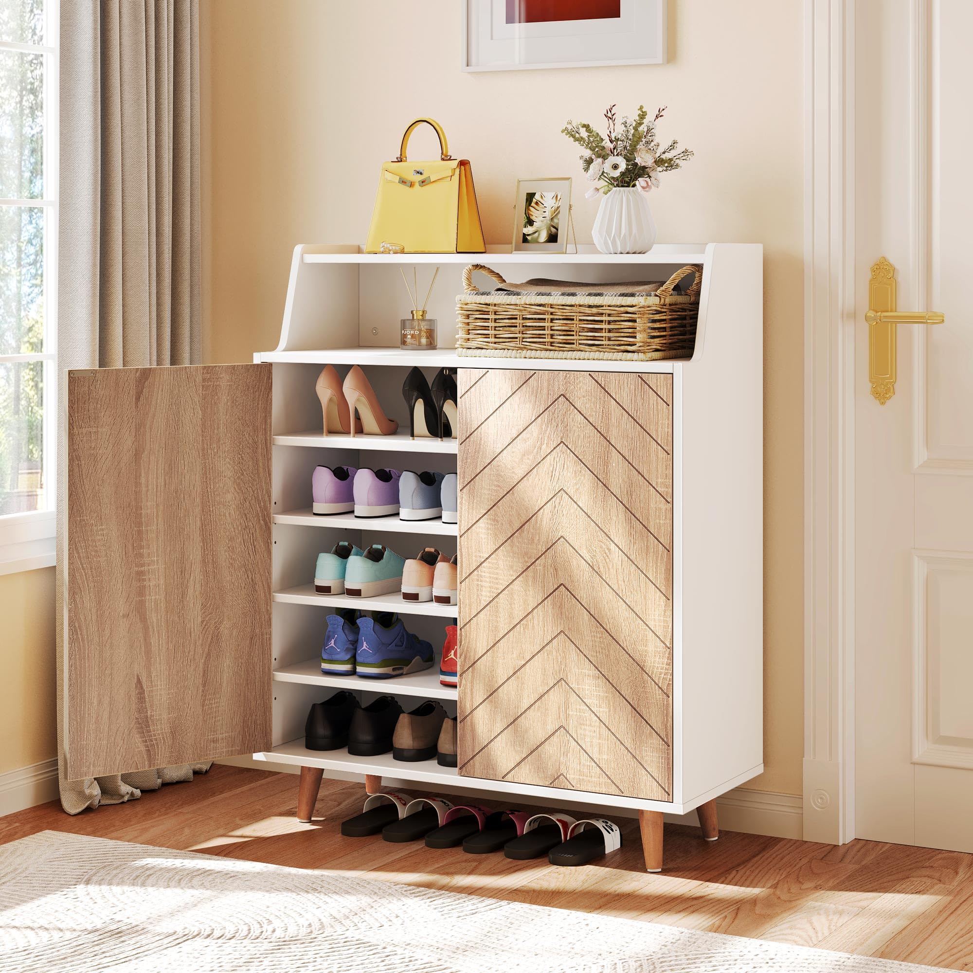YITAHOME 5-Tier Shoe Storage Cabinet with Doors & Open Shelves - Large Capacity Wooden Shoe Rack Organizer with Pine Wood Legs for Entryway, Hallway, Closet - Perfect for Small Spaces & Home Organization (White)
