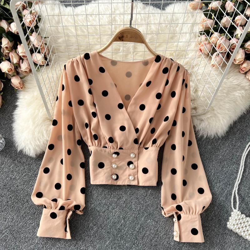 French Big Polka Dot Blouse - Women's Retro Puff Sleeve Short Sleeve Top for Spring & Summer | Vintage Inspired Casual Shirt for Date Night, Office Wear & Weekend Outfits