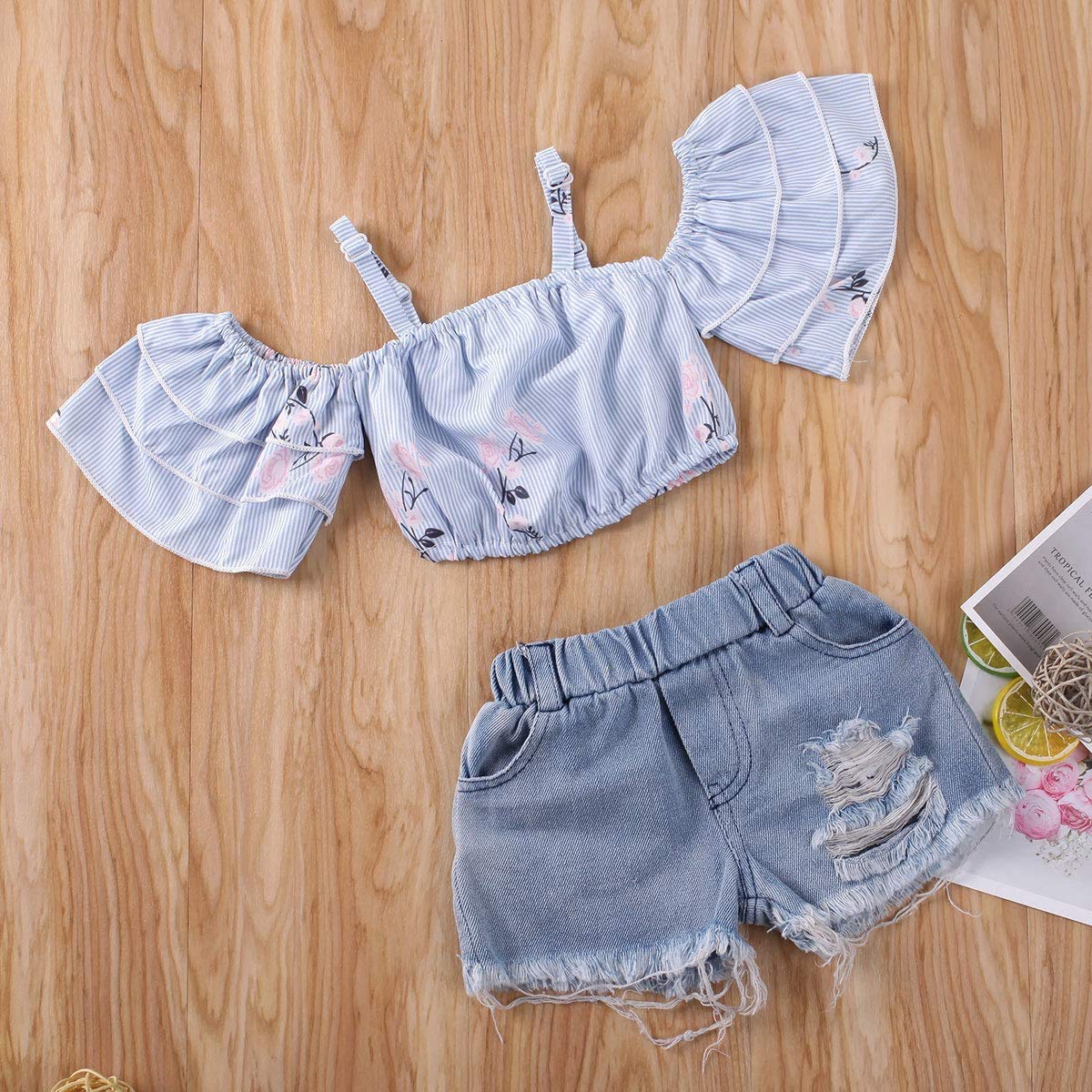 Boho Sunflower Crop Top & Distressed Denim Shorts Set for Toddler Girls - Summer Outfit for Playdates, Beach Trips & Outdoor Adventures