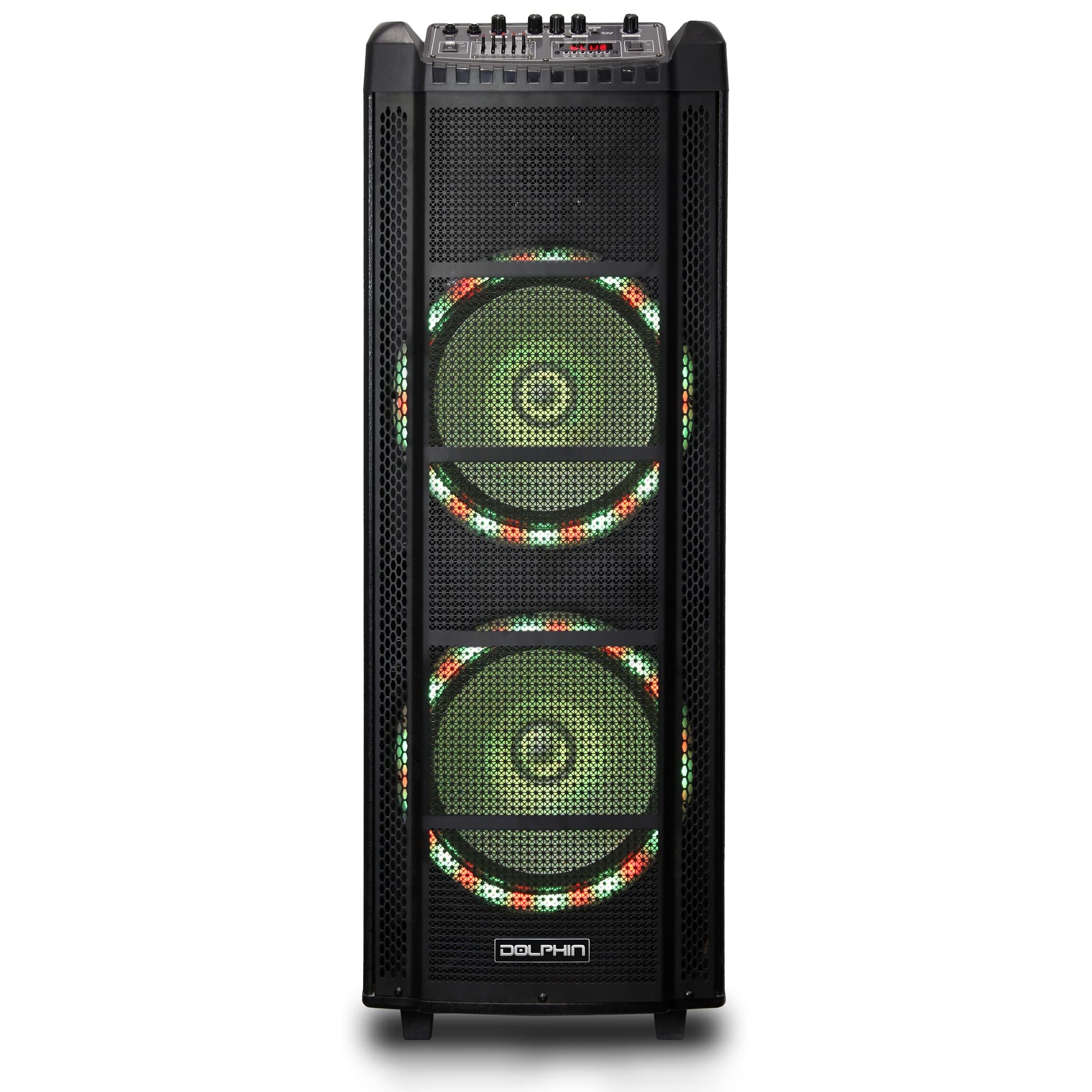 Dolphin SP-2130RBT Dual 12” Rechargeable Bluetooth Karaoke Speaker with 2 Wireless Mics & LED Lights - Portable PA System for Home Parties, Outdoor Singing & Events