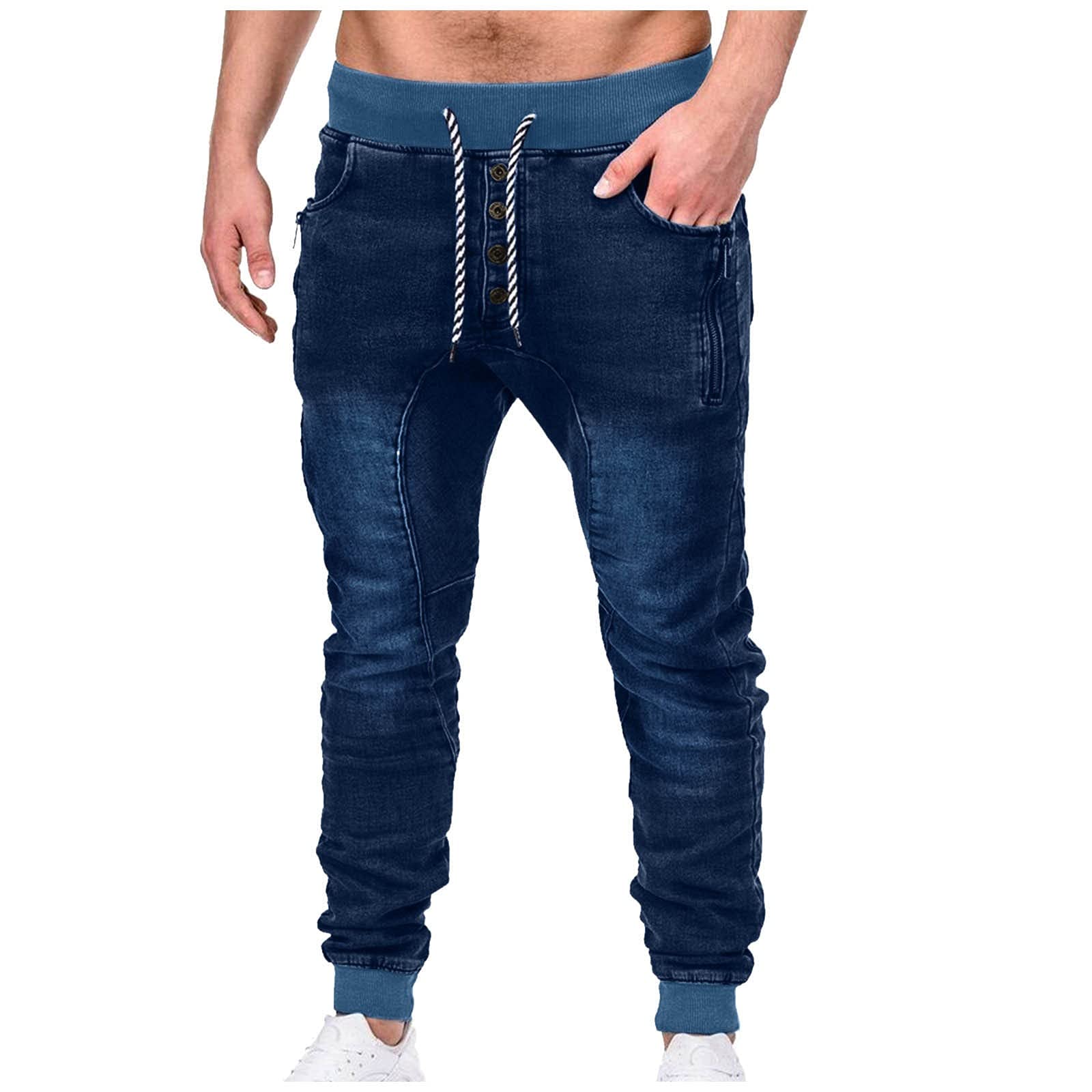 Men's Mid-Waist Casual Jeans with Zipper & Drawstring Pockets - Comfortable Stretch Denim Pants for Everyday Wear, Work & Outdoor Activities
