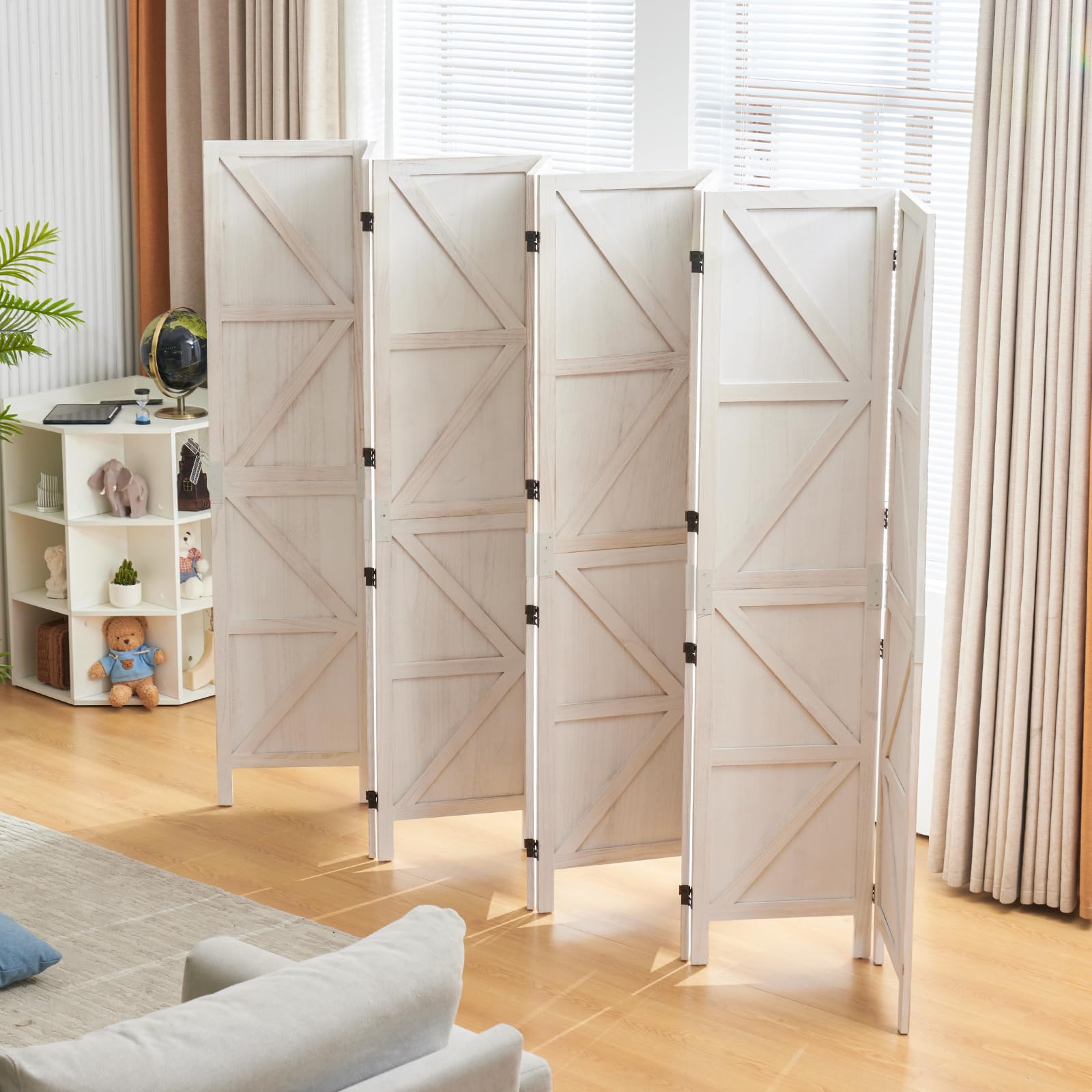8 Panel Wooden Room Divider - Rustic Barnwood Freestanding Privacy Screen | Tall Folding Partition Wall for Home Office, Bedroom Separation & Temporary Walls (White)