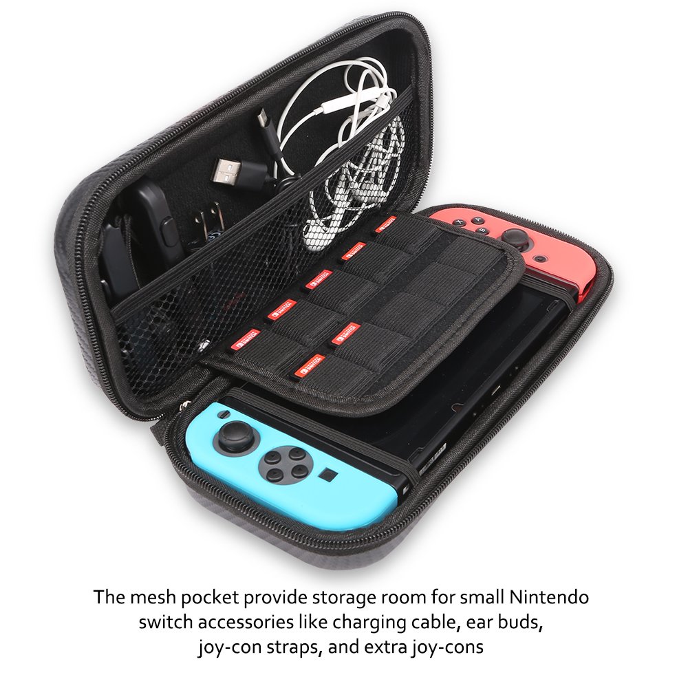Premium Carbon Fiber Hard Travel Case for Nintendo Switch with 2 Pack Tempered Glass Screen Protectors | Durable Protective Shell & Carry Pouch in Blue | Perfect for Gaming On-The-Go & Travel Protection