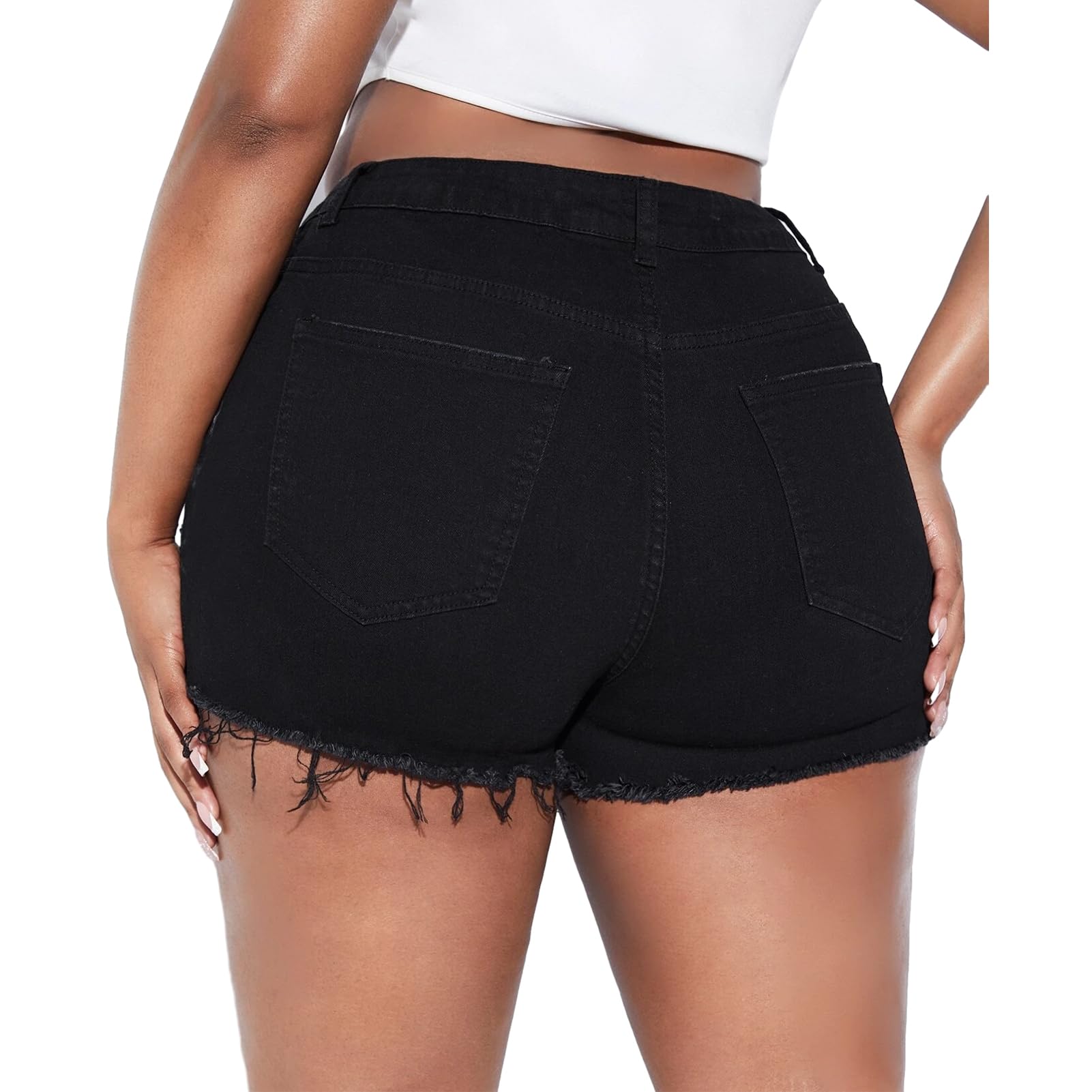 MapleHub Plus Size Women's Ripped Denim Jean Shorts - High Waisted Stretchy Folded Hem Distressed Denim Shorts for Casual Wear, Summer Outfits & Street Style Fashion