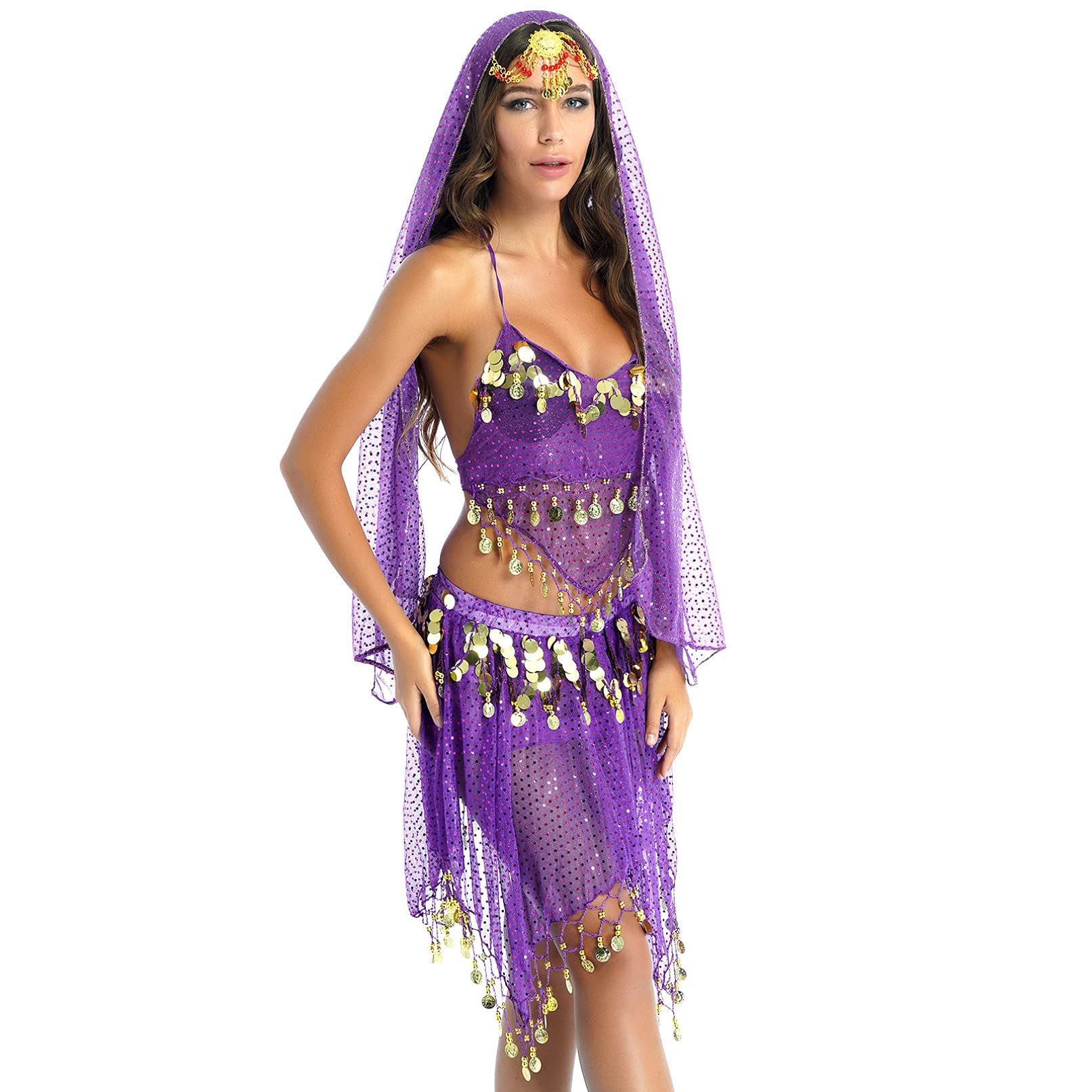Women's Belly Dance Costume - Indian Bollywood Sequin Skirt & Shiny Top Set for Performance, Cosplay, Halloween & Party Outfits