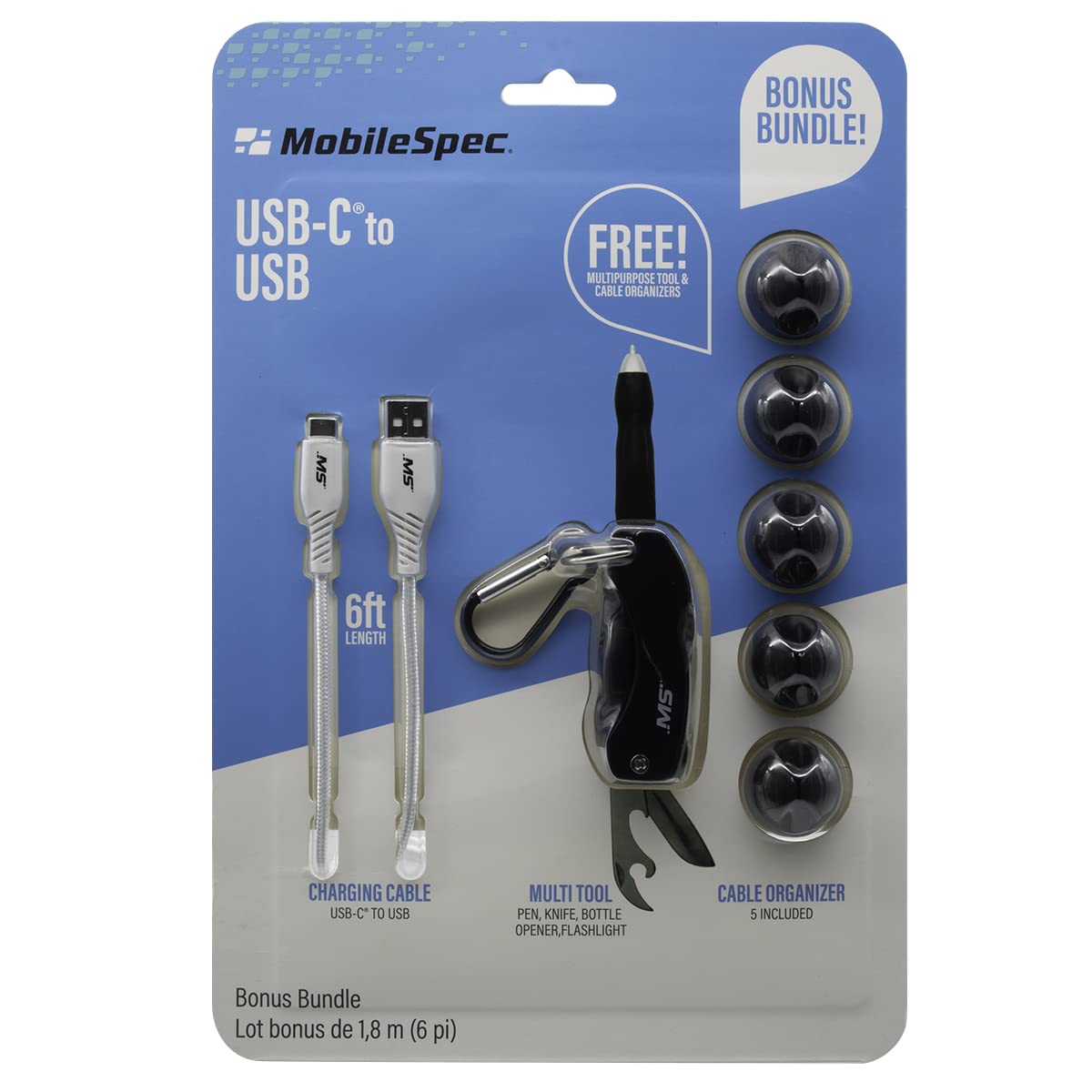 MobileSpec MBSV03202 6ft USB-C to USB Cable with Multi-Tool - Fast Charging & Data Sync for Smartphones, Tablets, Laptops - Perfect for Travel, Office & Home Use
