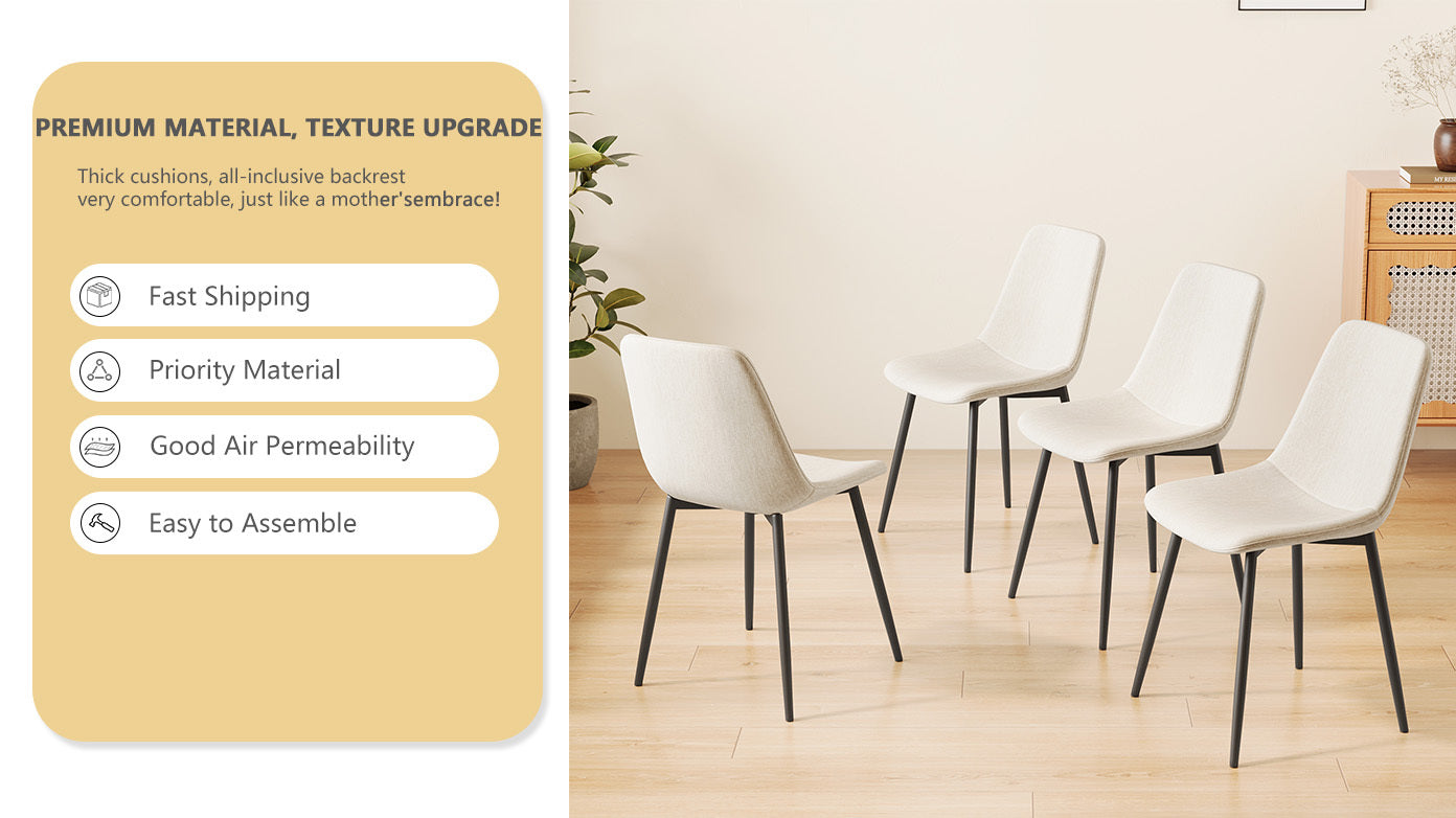 Modern Kitchen Dining Chairs Set of 4 - Linen Padded Seats with Sturdy Black Metal Legs (Beige) - Perfect for Home, Office, Restaurant & Cafe Use