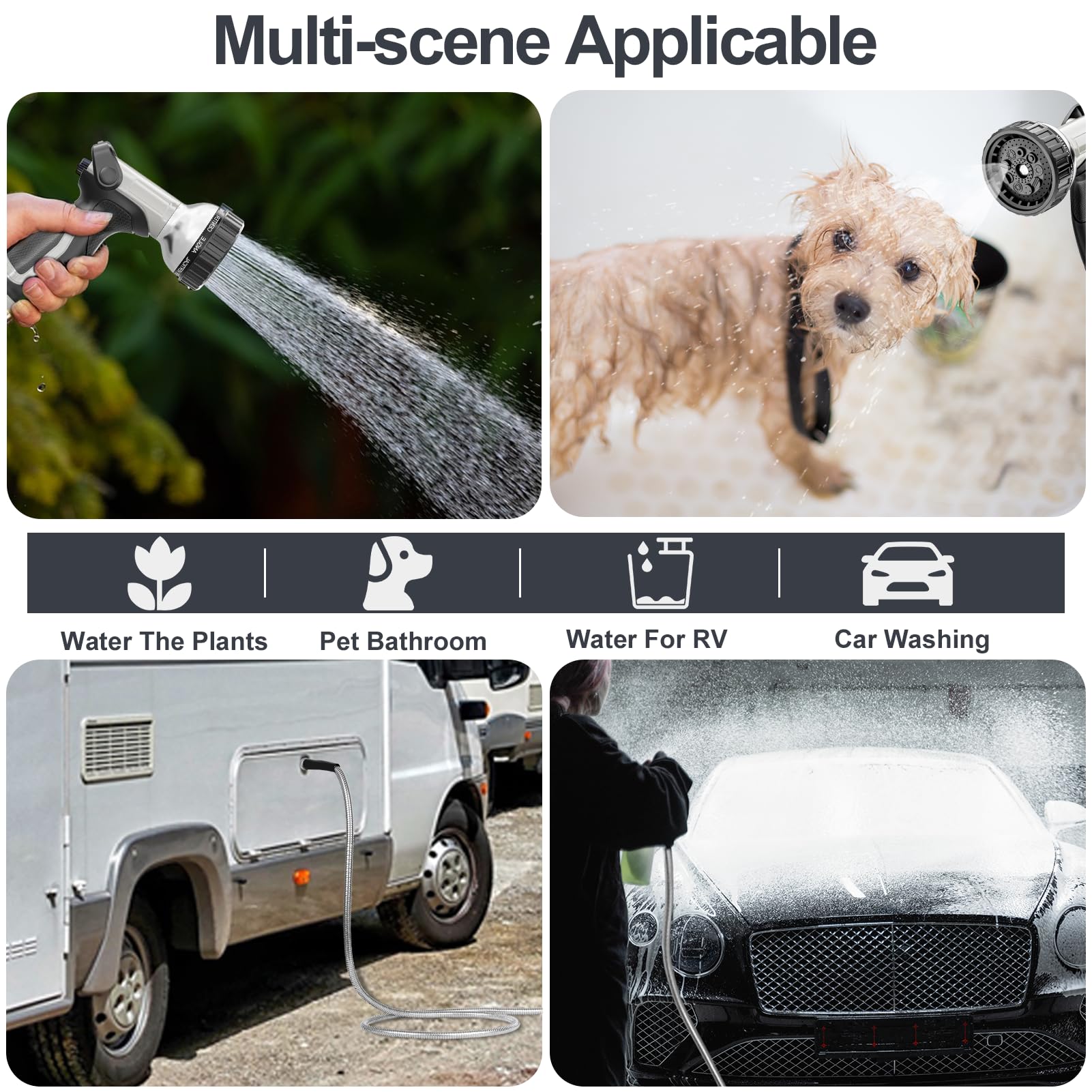 50ft 304 Stainless Steel Garden Hose - Heavy Duty Metal Water Pipe with Spray Nozzle - Flexible, Kink-Free, Tangle & Puncture Resistant for Yard, Lawn, Car Washing & Outdoor Use (Silver)