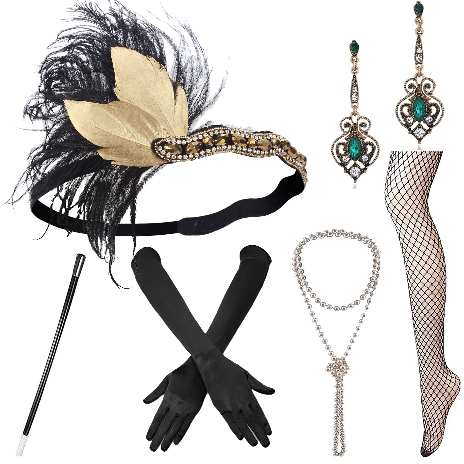 1920s Flapper Accessories Set - Headband, Earrings, Pearl Necklace for Vintage Parties