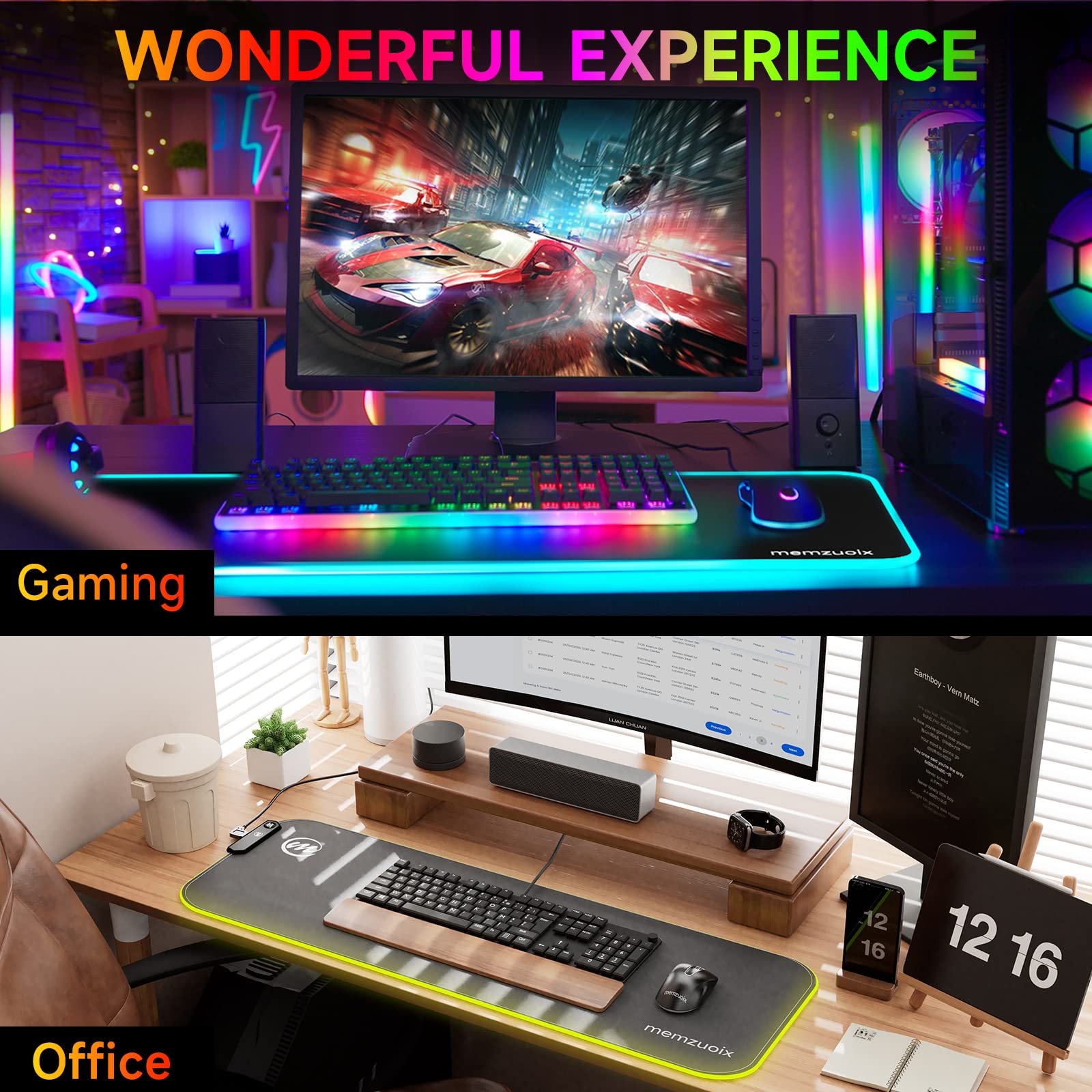 RGB Gaming Mouse Pad - Large 31.5x11.8 Inch LED Mousepad with 16 Lighting Modes, Anti-Slip Base, Waterproof & Stain Resistant - Perfect for PC Gaming, Office Work & Computer Setup (Black)