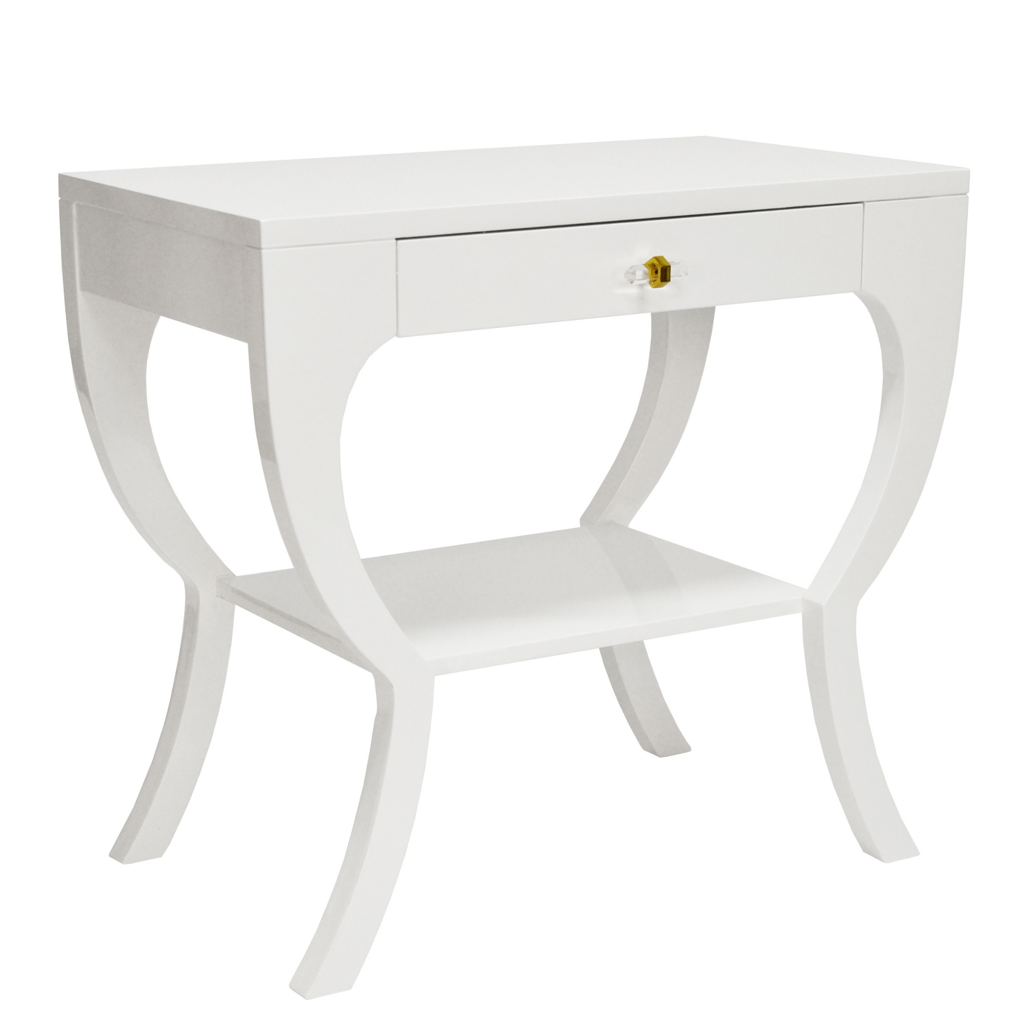 White Lacquer Curvy Side Table with Acrylic Hardware - Elegant Accent Table for Living Room, Bedroom, or Office Decor
