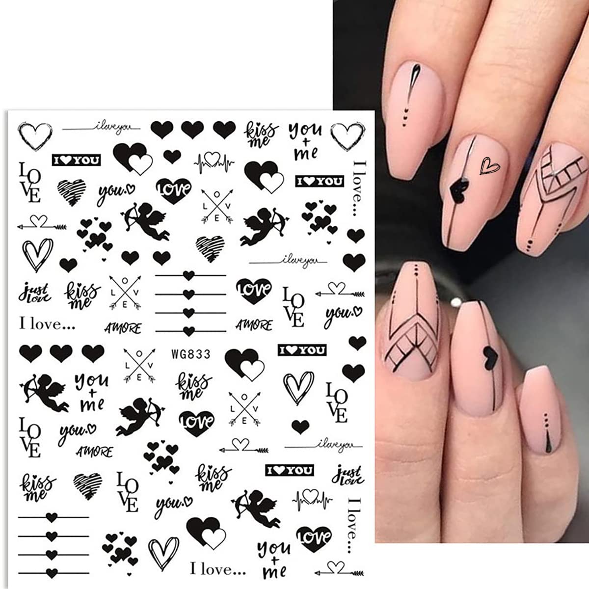 6 Sheets 3D Heart Nail Art Stickers - Self-Adhesive Black & Red Cupid Love Nail Decals for Natural & Acrylic Nails | Valentine's Day Nail Designs & Romantic Date Night Nail Decor