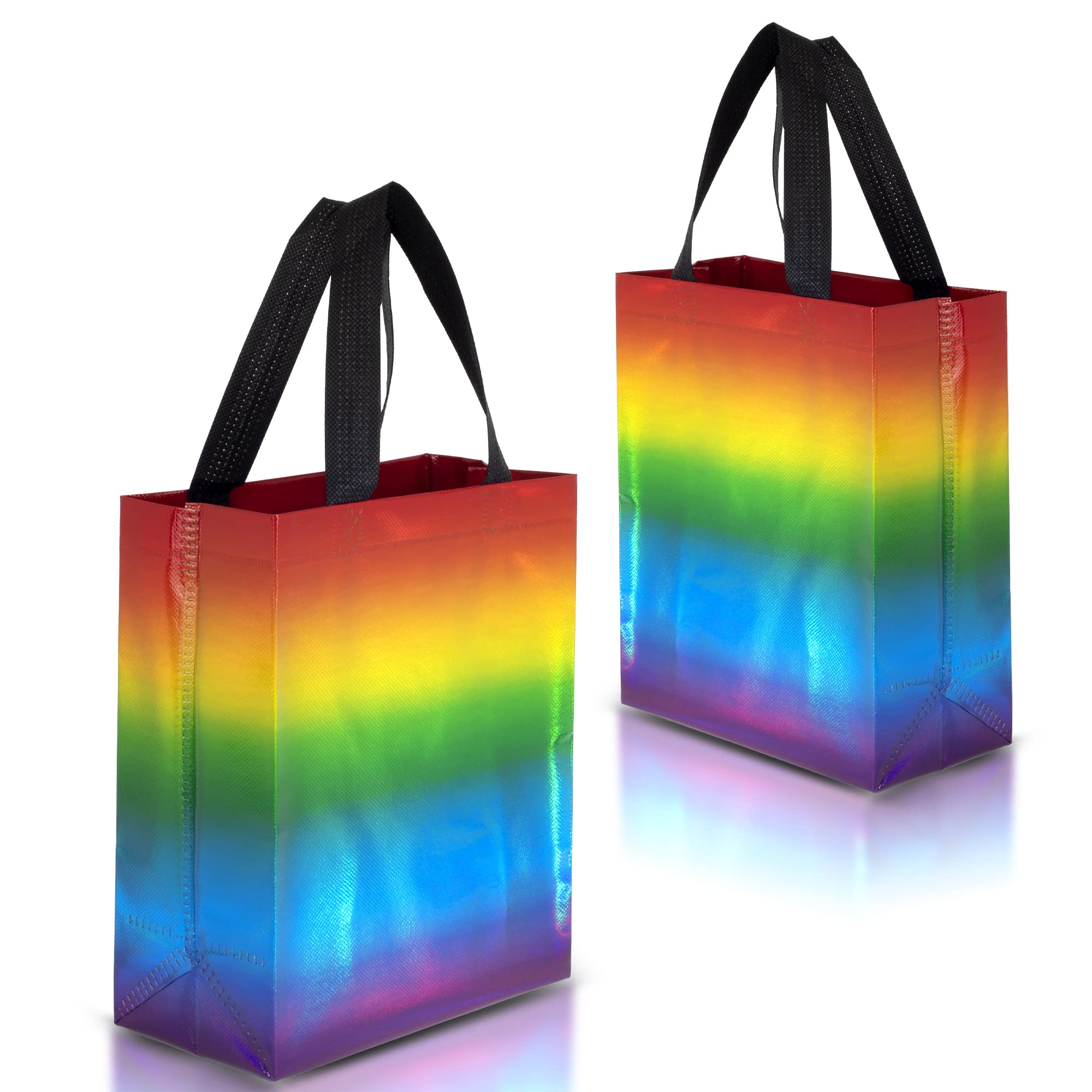 Nush Nush Holographic Rainbow Gift Bags - Set of 12 Reusable Party Favor Bags with Handles (8x4x10 Inches) - Perfect for Birthday Parties, Baby Showers, Wedding Favors & Holiday Gift Giving