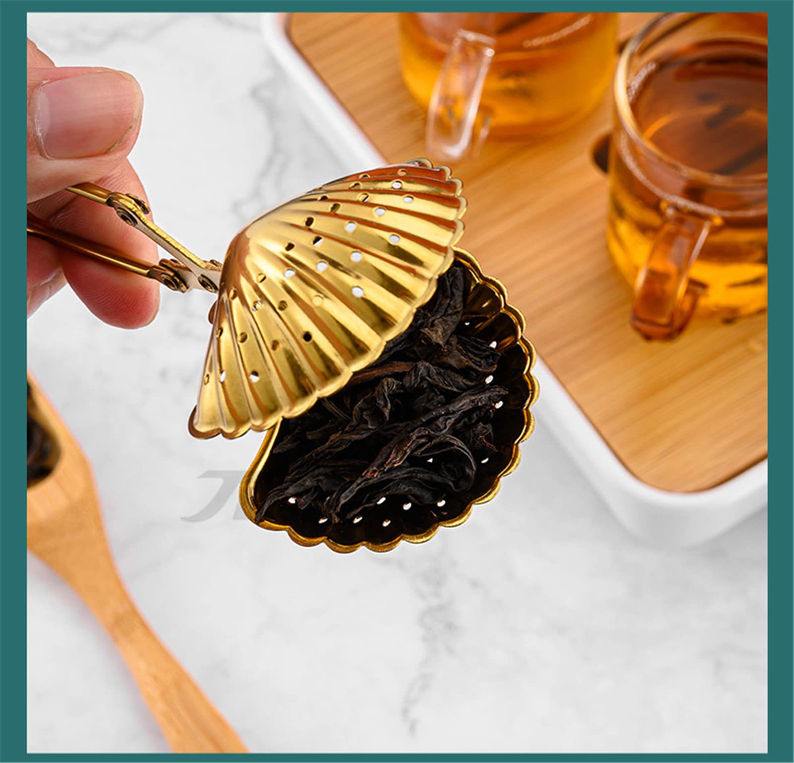 5Pcs Stainless Steel Tea Infuser Balls - Seashell, Heart, Star, Pineapple & Teapot Shaped Loose Leaf Tea Strainers with Long Handle (Gold) | Perfect for Brewing Herbal, Green & Black Tea at Home, Office or Travel