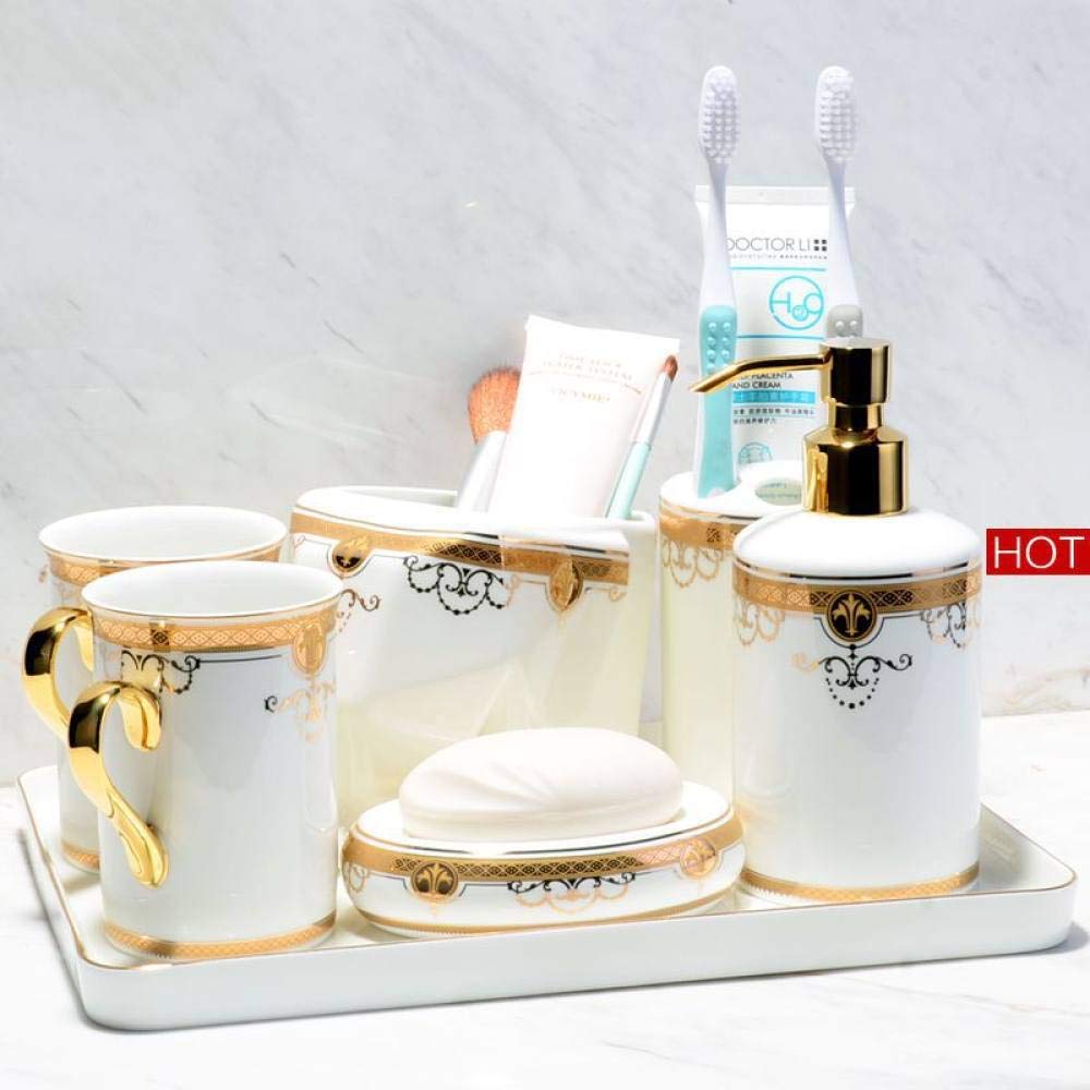 Vintage Ceramic Bathroom Accessories Set - 7 Piece White & Gold Vanity Decor with Soap Dispenser, Toothbrush Holder, Soap Dish, Storage Jar, Vanity Tray & 2 Cups | Elegant Bathroom Organization for Home, Hotel & Spa Decor