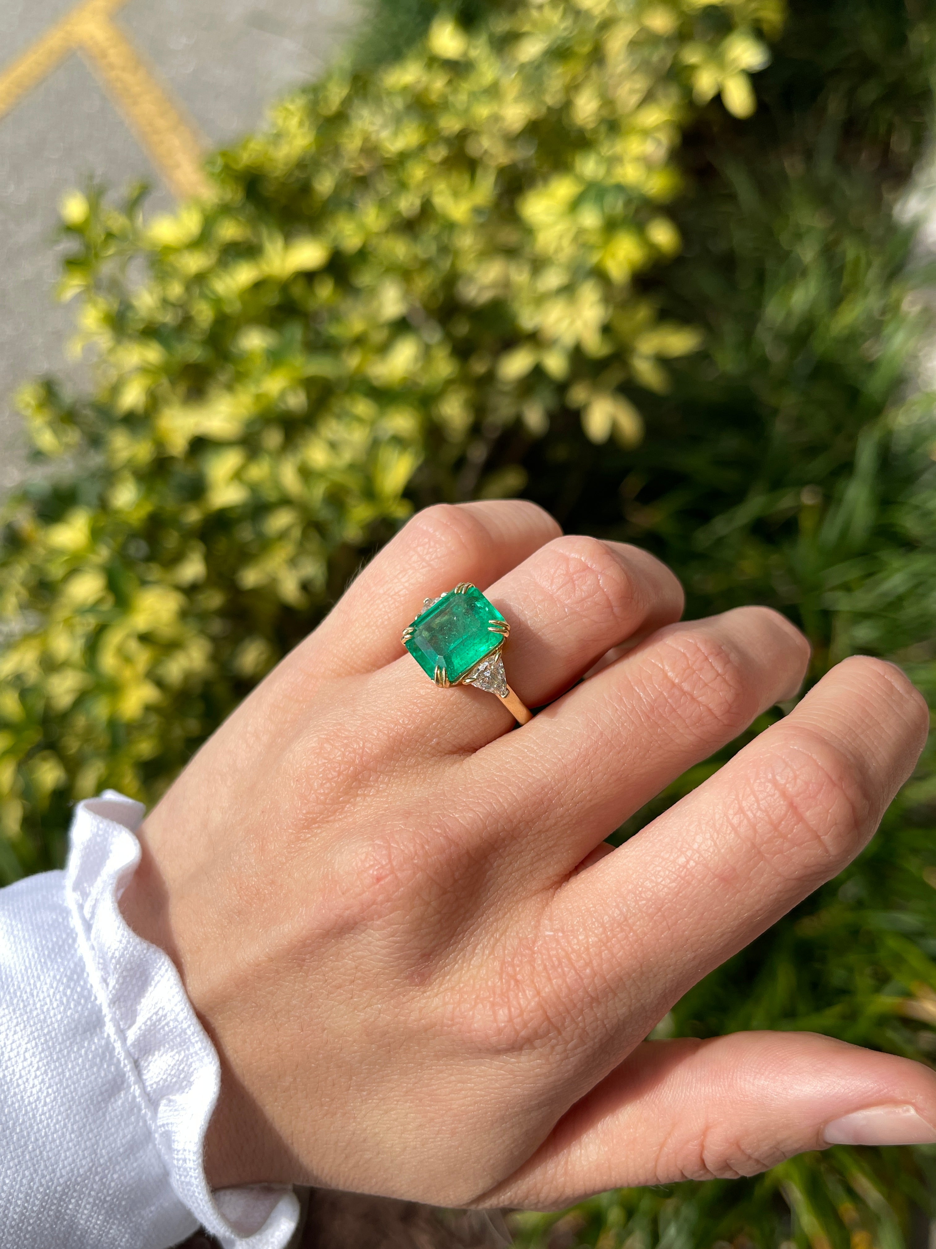 7.15tcw Muzo Colombian Emerald & Natural Trillion Diamond Three Stone 18K White Gold Ring - Elegant Jewelry for Engagement, Anniversary & Special Occasions