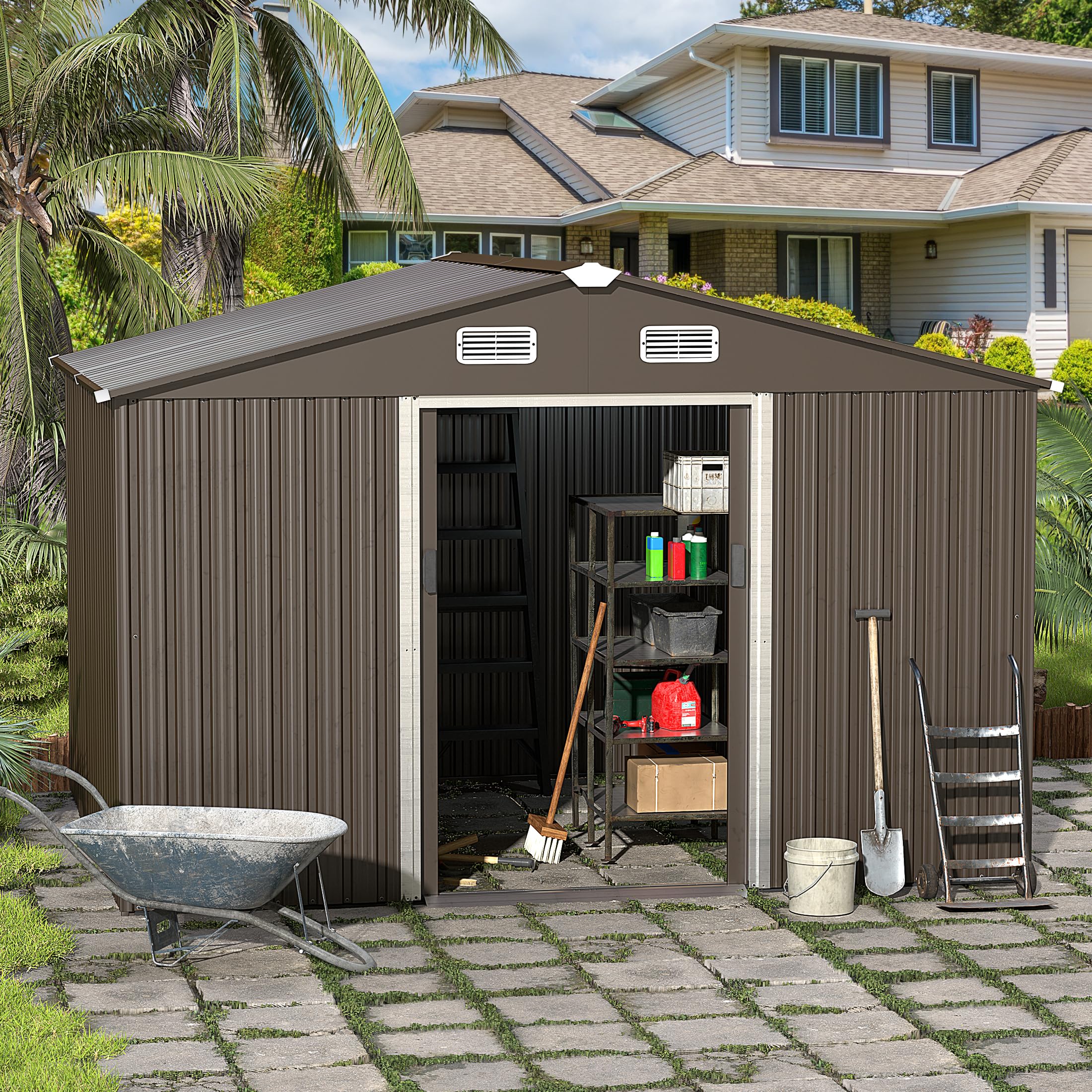 10FT x 8FT Metal Storage Shed with Lockable Sliding Doors & Air Vent - Outdoor Garden Shed for Backyard, Patio, Lawn - Perfect for Tiny House Utility, Tool Storage & Outdoor Equipment Organization