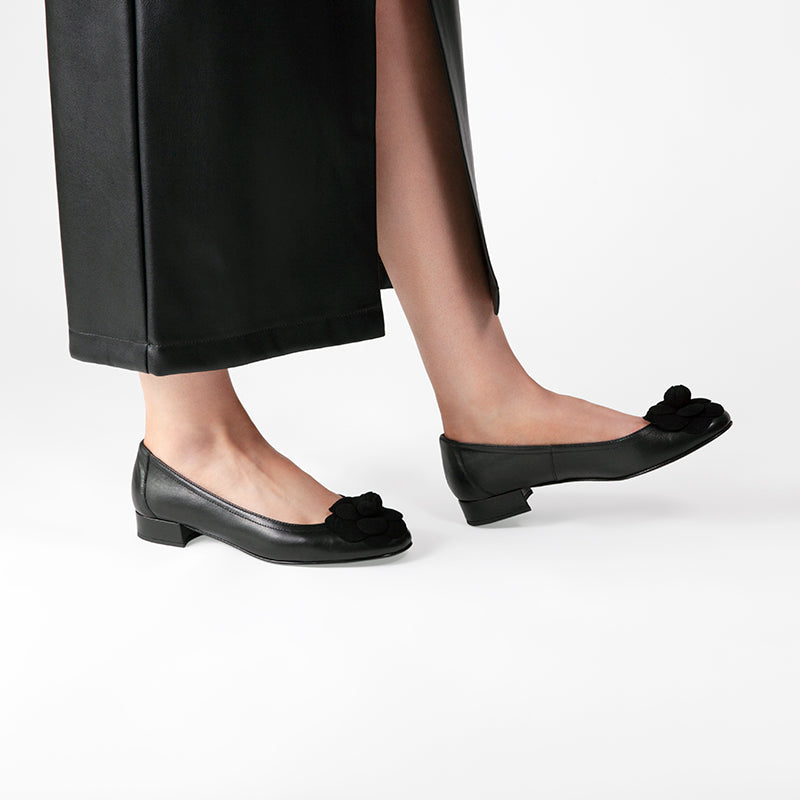 Fabucci Women's Black Leather Ballet Flats with Floral Embellishment - Comfortable Slip-On Shoes for Work, Travel & Casual Wear