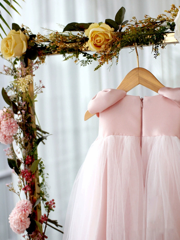 Pink Princess Round Tea Length Satin Flower Girl Dress - Perfect for Weddings, Birthday Parties & Special Occasions