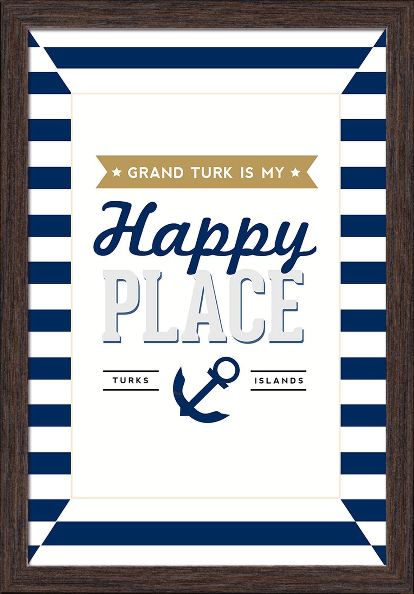 Grand Turk is My Happy Place Stripes - 16x24 Giclee Fine Art Print with Recycled Wood Frame in Espresso Brown - Perfect for Coastal Decor, Beach House Wall Art & Living Room Aesthetic