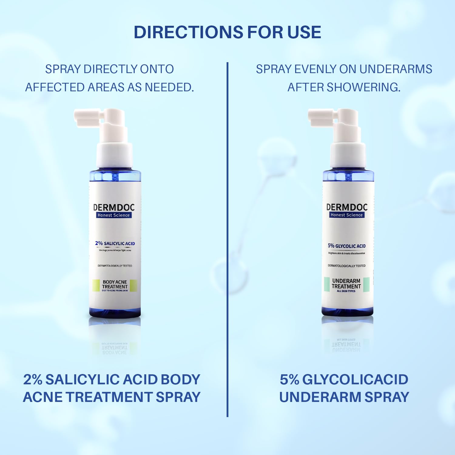 DermDoc Smooth & Clear Skin Body Treatment Combo - 5% Glycolic Acid Underarm Brightening Spray (100ml) & 2% Salicylic Acid Body Acne Treatment Spray (100ml) - Dark Underarm & Body Acne Solution for Clear Skin - Perfect for Daily Skincare Routine & Post-Workout Care