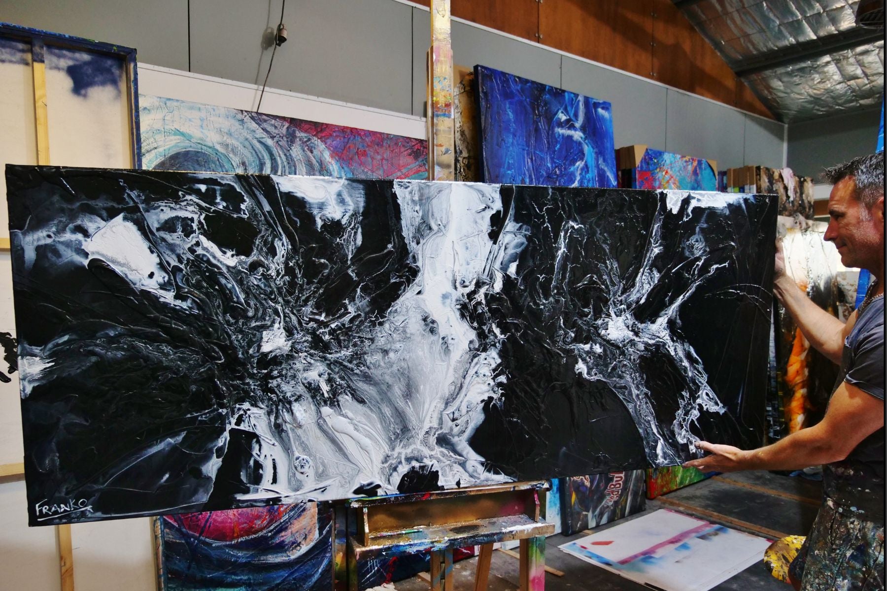 200cm x 80cm Black Cotton Candy Abstract Textured Painting - Modern Black & White Wall Art for Living Room, Bedroom & Office Decor