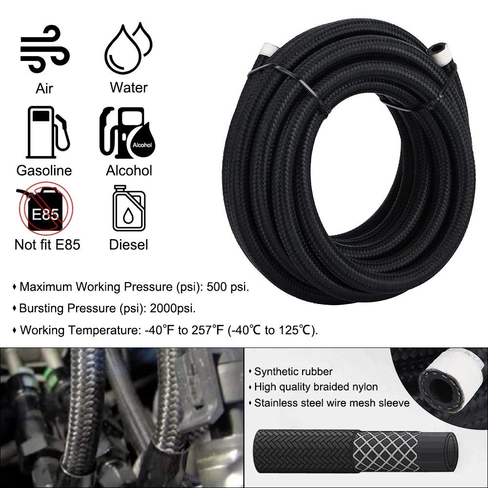 10AN 10FT Fuel Line Hose Kit - Nylon Stainless Steel Braided Oil/Gas/Fuel Hose with 8PC Swivel Fitting Adapters (Black) - Perfect for Automotive Fuel Systems, Marine Applications & Industrial Machinery