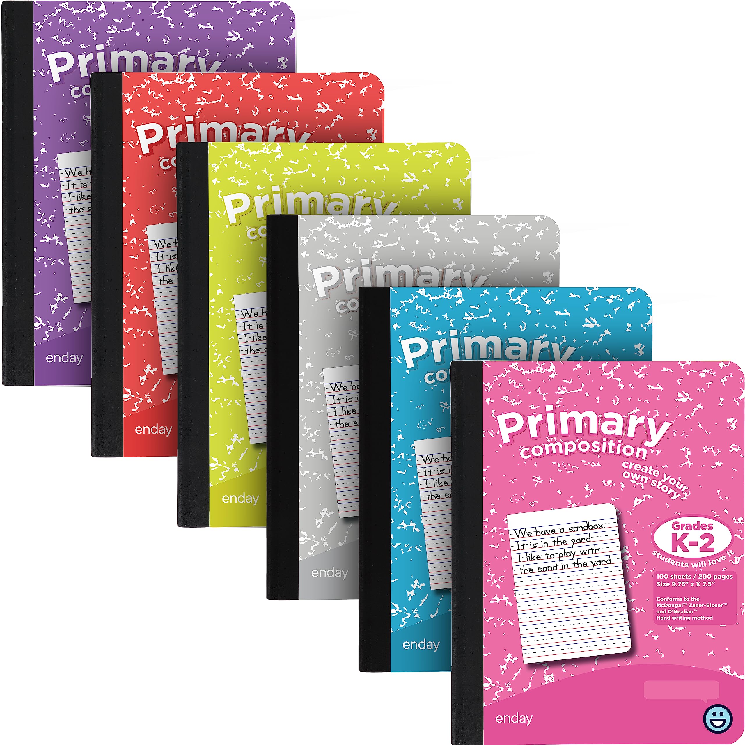 Enday Primary Composition Notebook K-2 - 6 Pack of Primary Ruled Writing Books for Kindergarten & Elementary Students (100 Sheets Each) - Pink, Purple, Green, Blue, Red, Grey - Perfect for Classroom, Homeschooling & Creative Writing Practice