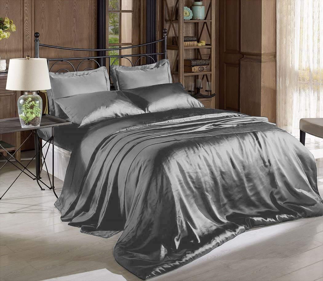 Luxury 1000 Thread Count Silky Charmeuse Satin Bed Sheet Set - Super Soft Solid Dark Grey California King Size for Ultimate Comfort | Perfect for Master Bedroom, Guest Room & Hotel Luxury Bedding