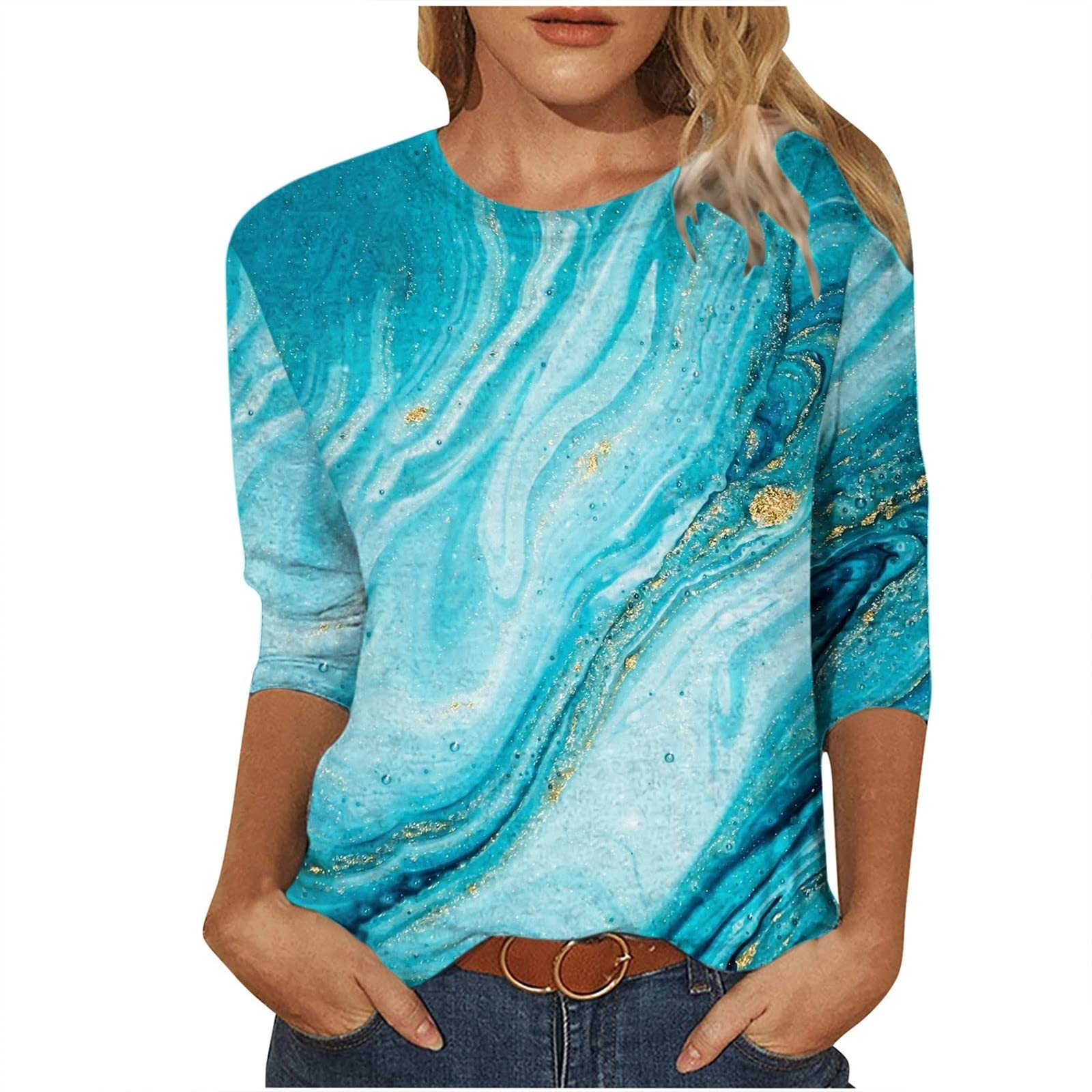 Women's 3/4 Sleeve Marble Print Blouse - Casual Loose Fit Lightweight T-Shirt Top for Women | Perfect for Office Wear, Date Nights & Weekend Outings