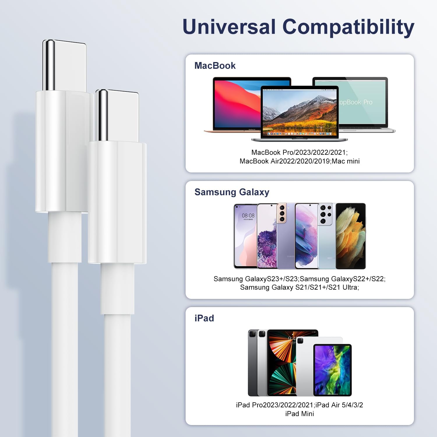 2-Pack 60W USB C to USB C Fast Charging Cable 3M/10ft for iPhone 15/Pro/Max/Mini, MacBook, iPad Air/Mini/Pro, Samsung Galaxy S23/S23+/S22/S22+ - PD Compatible Charger Cord for Home, Office & Travel