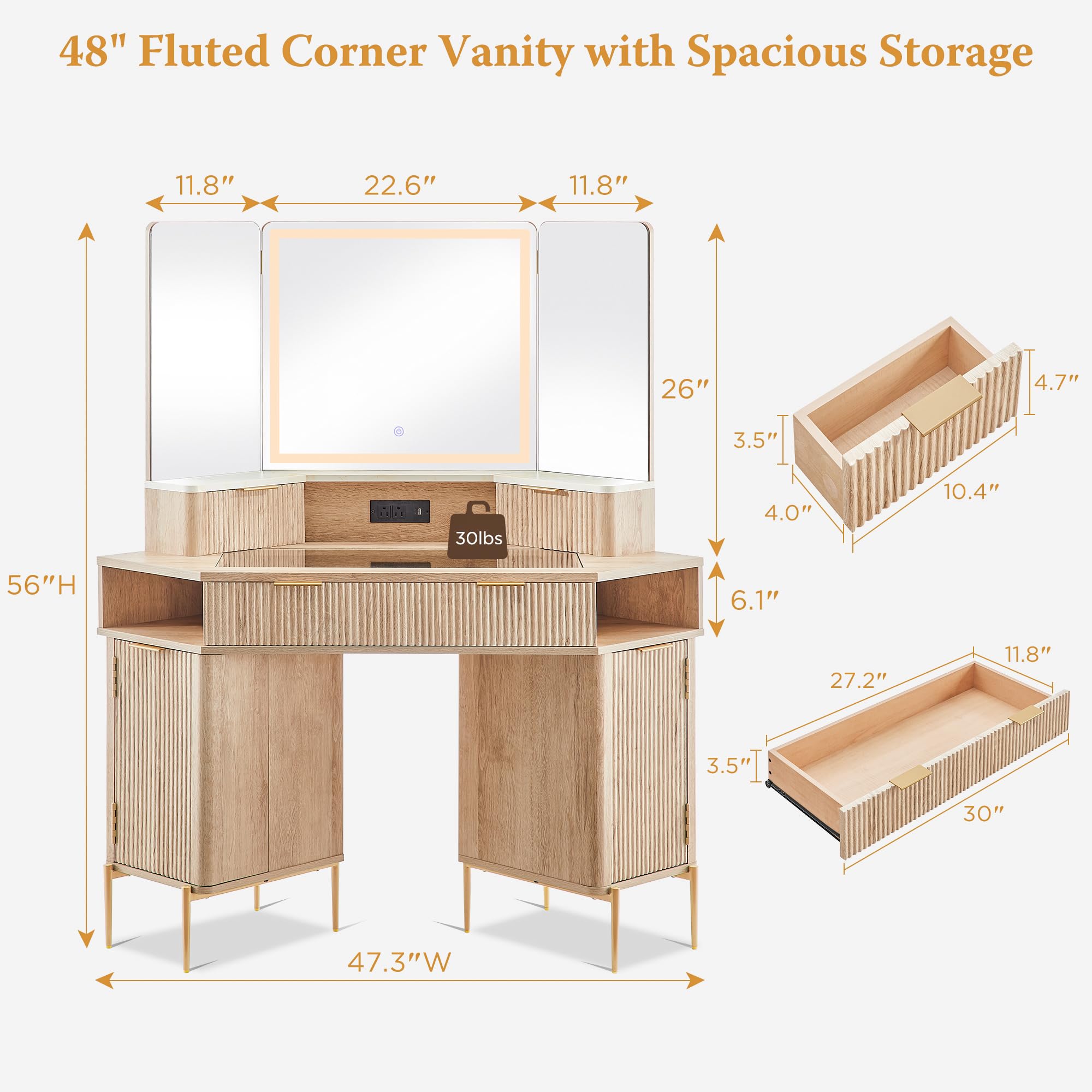 T4TREAM 48 Inch Fluted Makeup Vanity Desk with HD Triple Mirror & LED Lights - Modern Lighted Corner Dressing Table with Glass Top, 3 Drawers & 2 Cabinets - Natural Oak Finish for Bedroom, Home Decor & Beauty Room Organization
