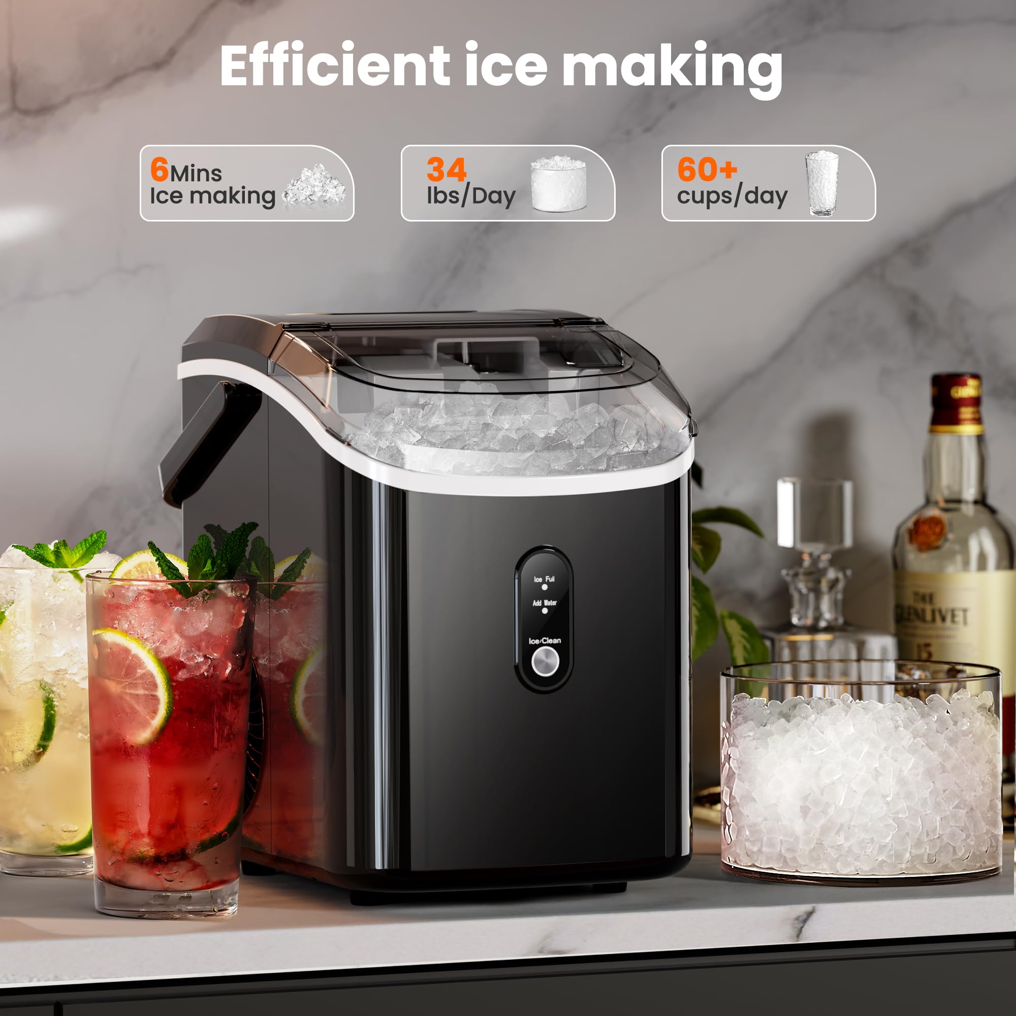 Portable Countertop Ice Maker Machine - 35lbs/24H, Self-Cleaning Pellet Ice Maker with Handle for Home, Kitchen, Office, Bar, RV (Black) - Perfect for Cocktails, Beverages & Outdoor Parties