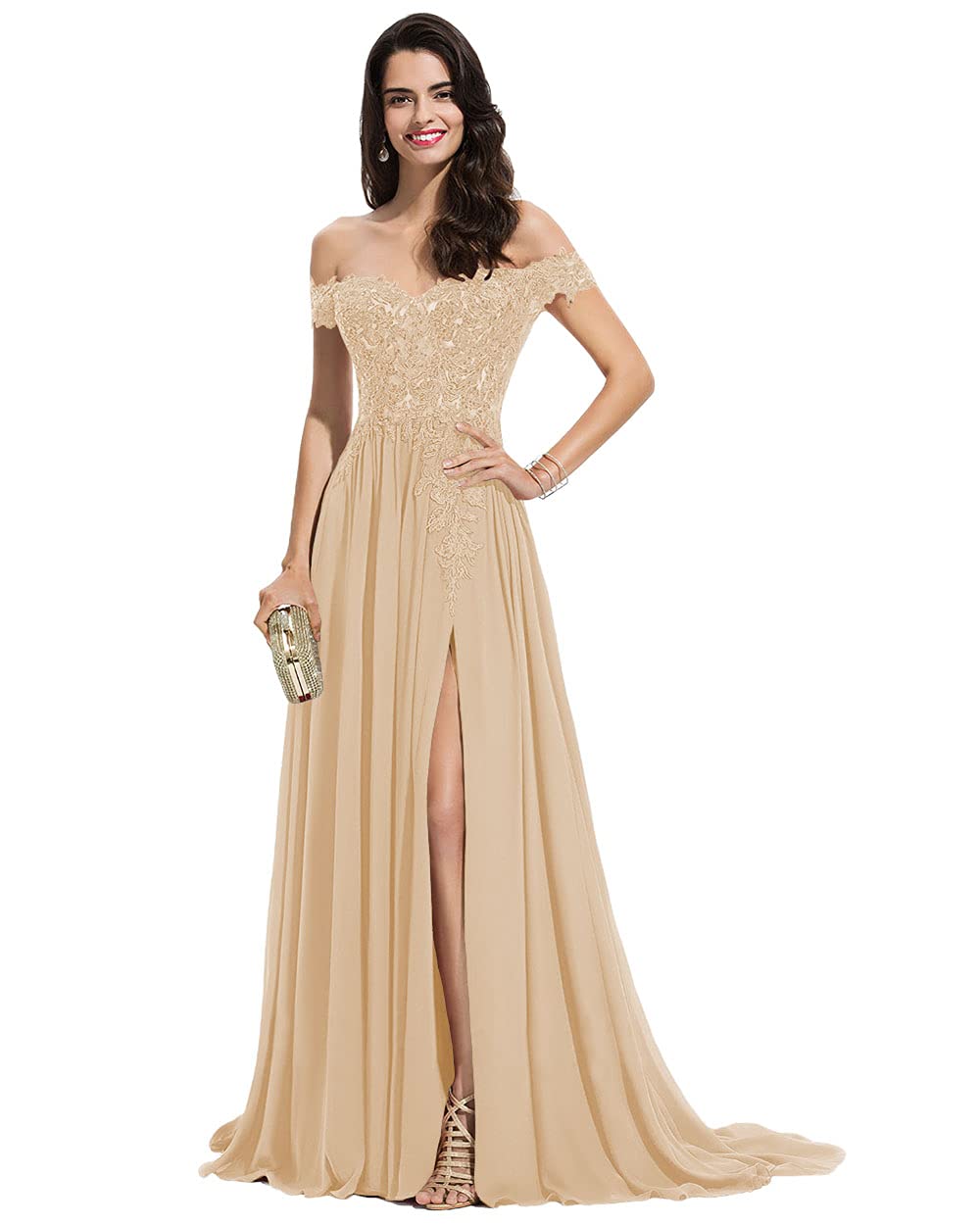 Miao Duo Women's Off The Shoulder Lace Chiffon Prom Dress - Long Bridesmaid Gown with High Slit, Formal Evening Dress in Champagne Size 06 | Perfect for Weddings, Parties, and Special Occasions