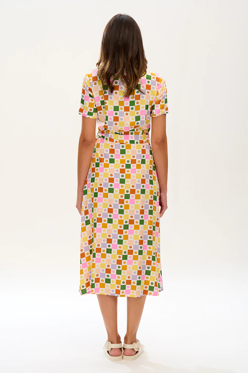 Lauretta Midi Shirt Dress for Women - Floral Checkerboard Print Casual Summer Dress - Perfect for Office, Date Night & Outdoor Events