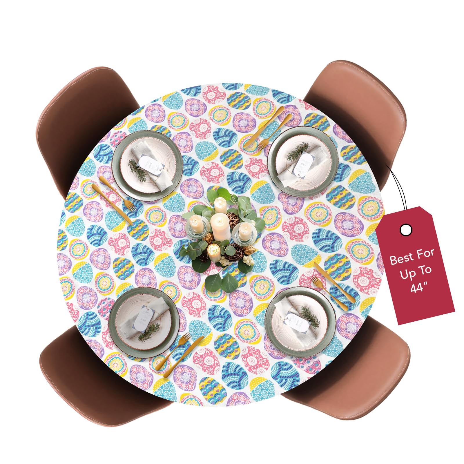 Deluxe Elastic Edged Flannel Backed Vinyl Fitted Tablecloth - Easter Design Small Round Table Cover (40-44 inch Diameter) for Holiday Dining, Kitchen Decor & Party Table Setting