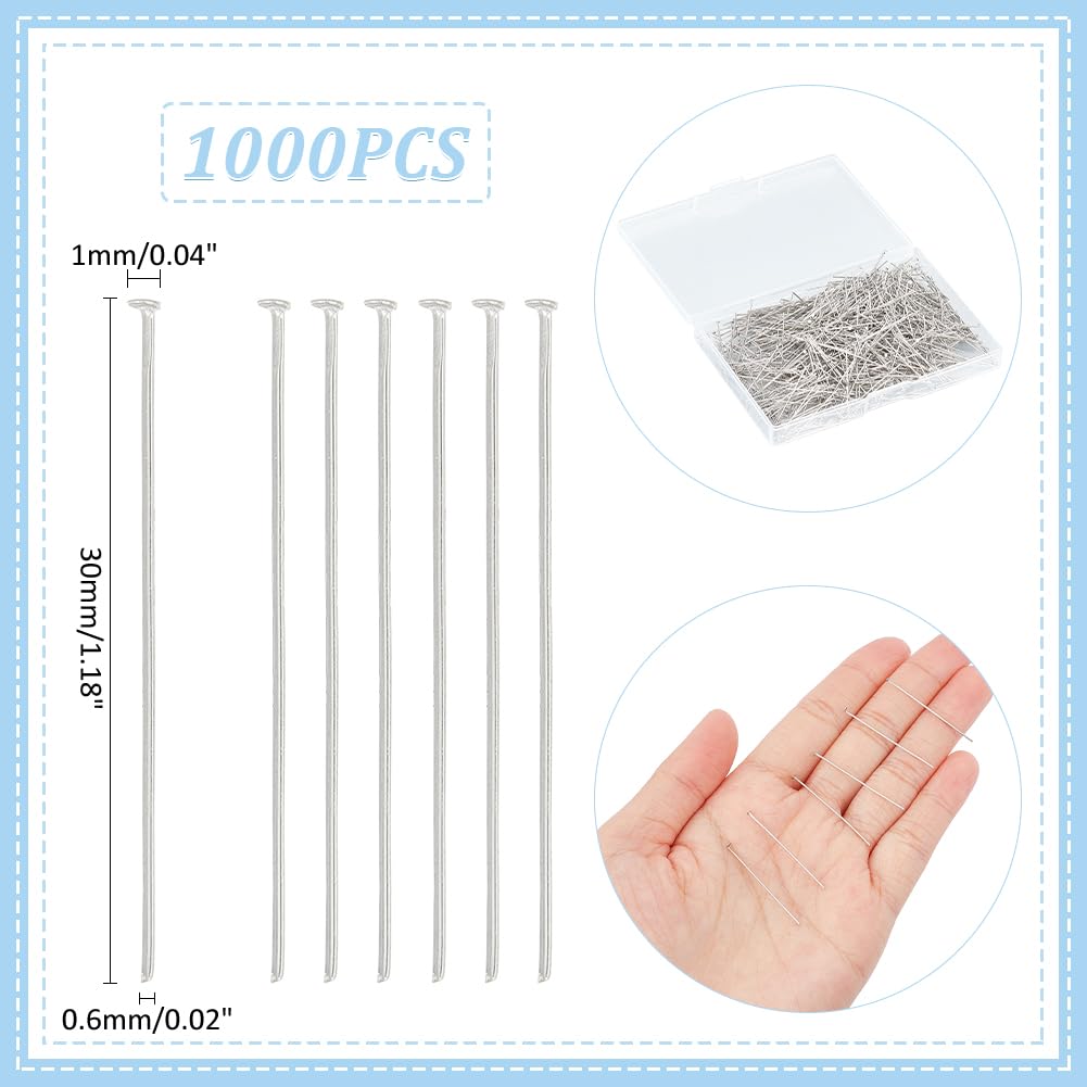 UNICRAFTALE 1000Pcs Stainless Steel Flat Head Pins 30mm - Straight Head Metal Eye Pins for Jewelry Making, DIY Crafts, Beading Projects - Perfect for Earrings, Necklaces & Bracelets