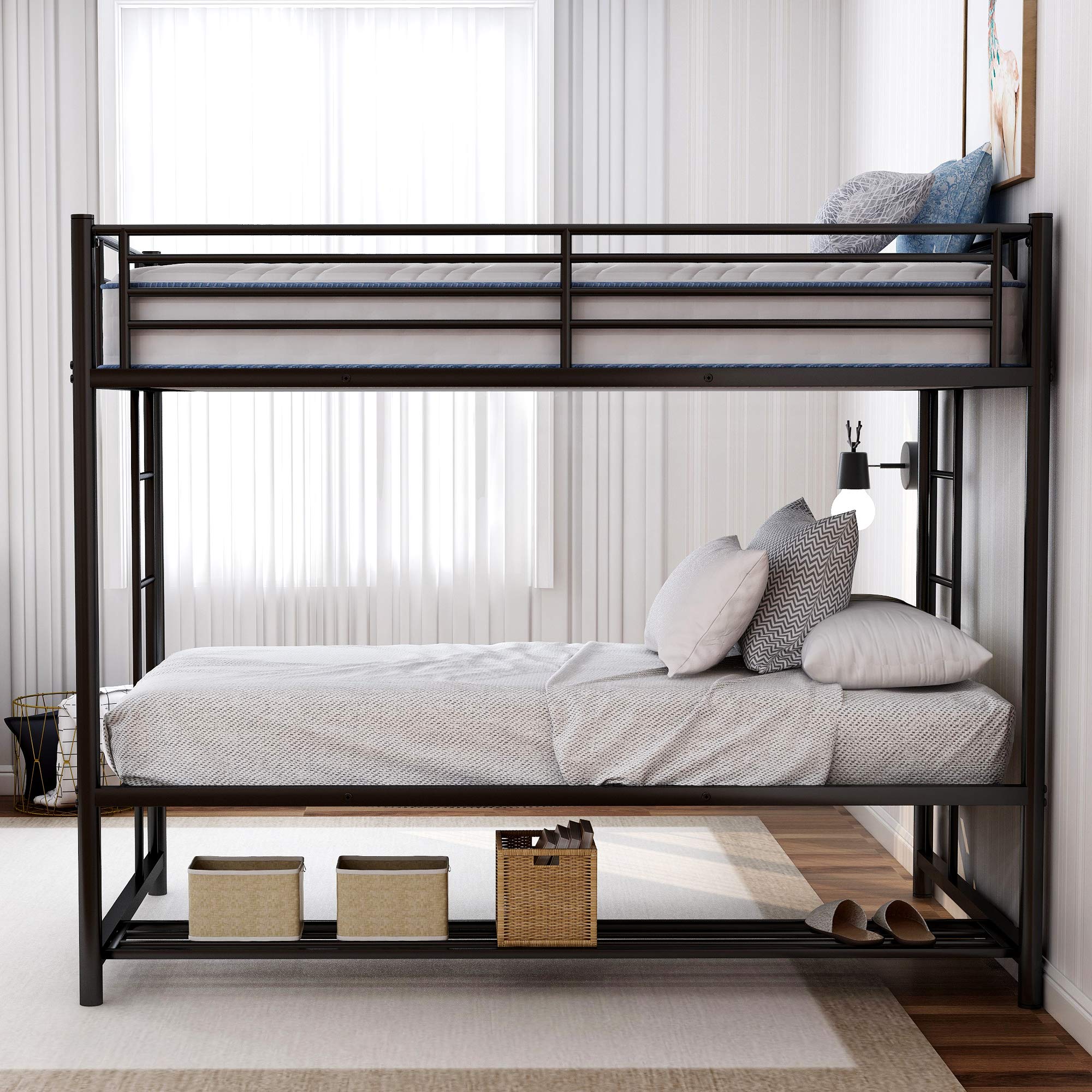 Twin Over Twin Bunk Bed with Storage Shelf - Metal Frame Space-Saving Bed with Storage Function for Kids, Guest Room & Small Spaces - Black Storage Bed for Bedroom & Dorm Organization