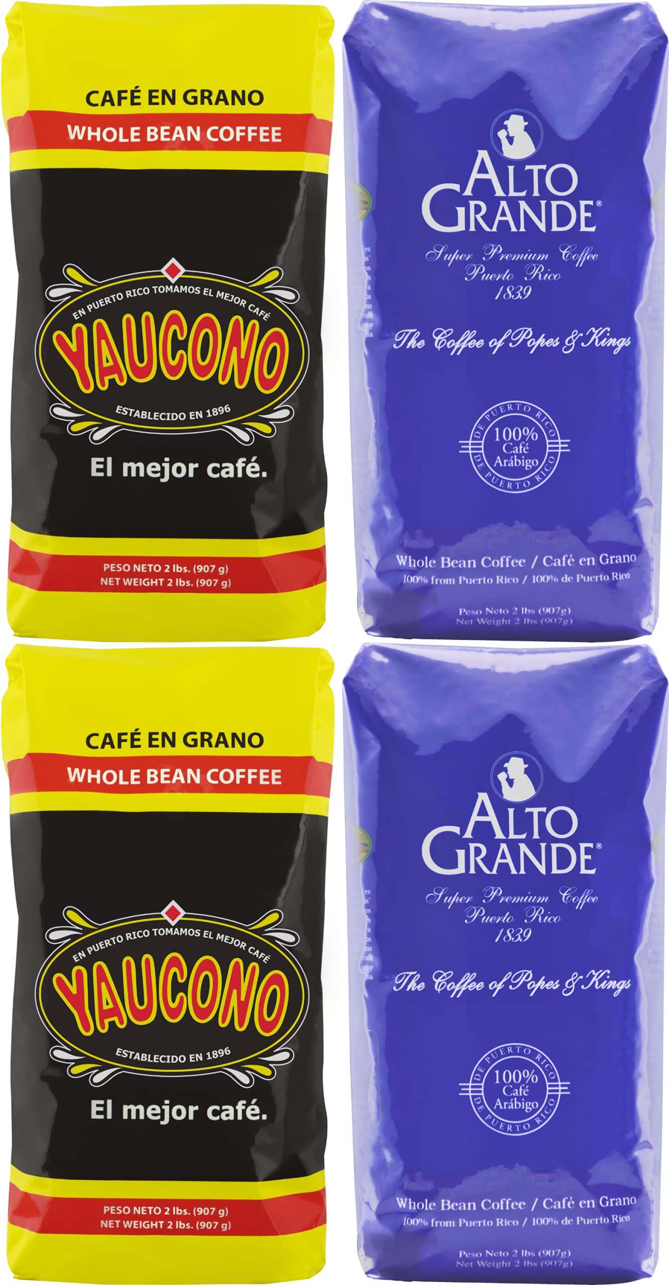 Premium Alto Grande Medium-Dark Roast & Yaucono Medium Roast Whole Bean Coffee - 2 Bags Each, 2 Pound (Pack of 4) - Perfect for Home Brewing, Office Use & Gourmet Gifts