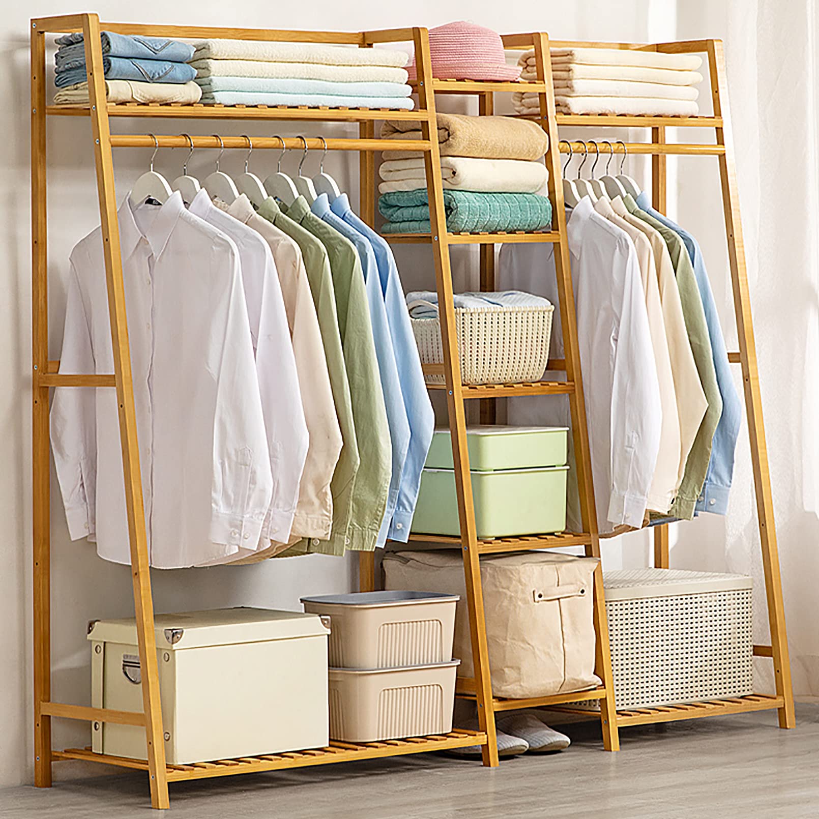 **Heavy Duty Bamboo Clothes Rack - Extra Large Portable Garment Rack with Top Shelf & Shoe Storage Organizer (160x140cm/63x55.1in, Brown) - Perfect for Closet Organization, Laundry Room, and Small Space Storage**