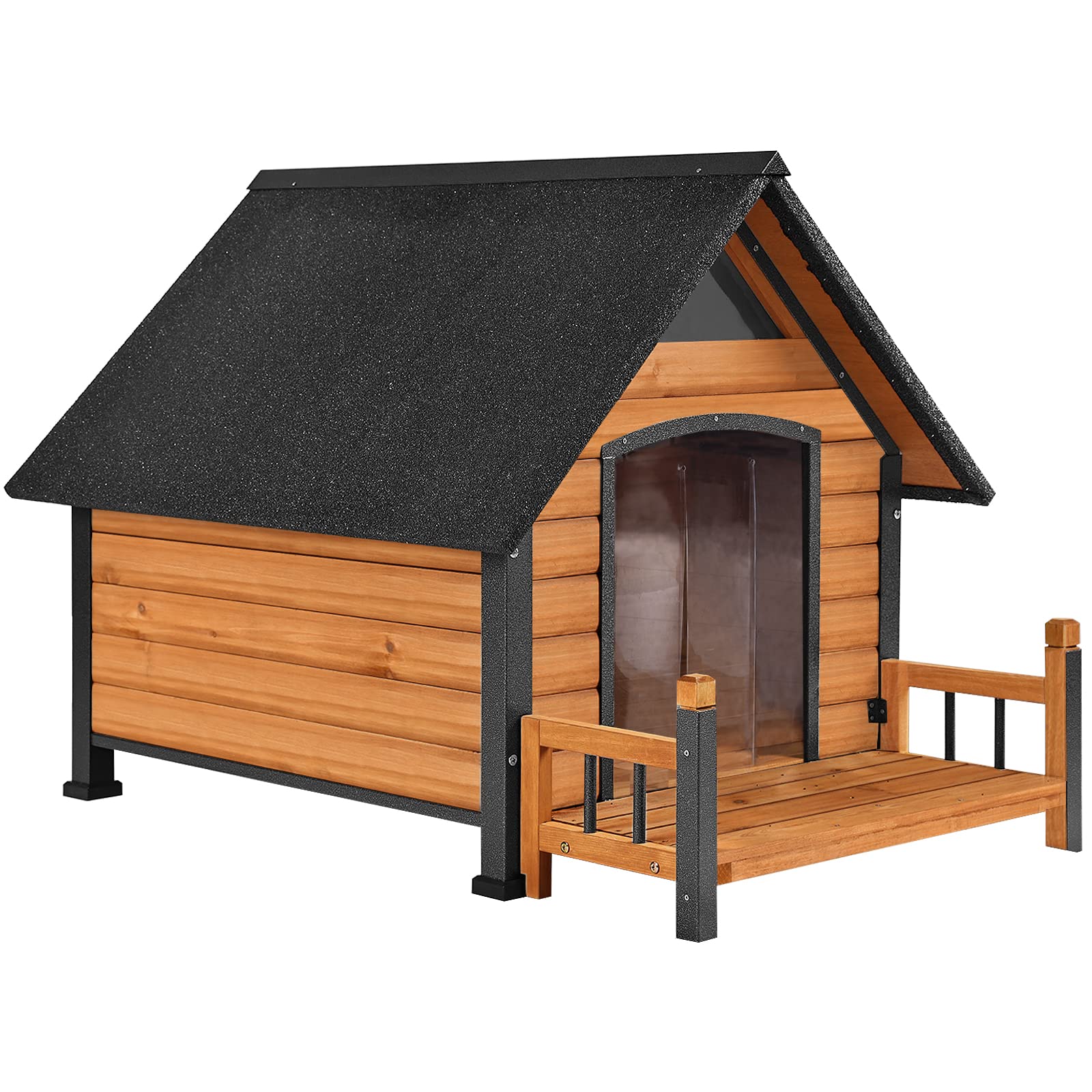 Sturdy Anti-Bite Metal Iron Frame Wooden Dog House - Weatherproof Outdoor/Indoor Kennel for Small, Medium & Large Dogs (Brown) - Perfect for Backyard, Patio, Garden & Indoor Pet Shelter