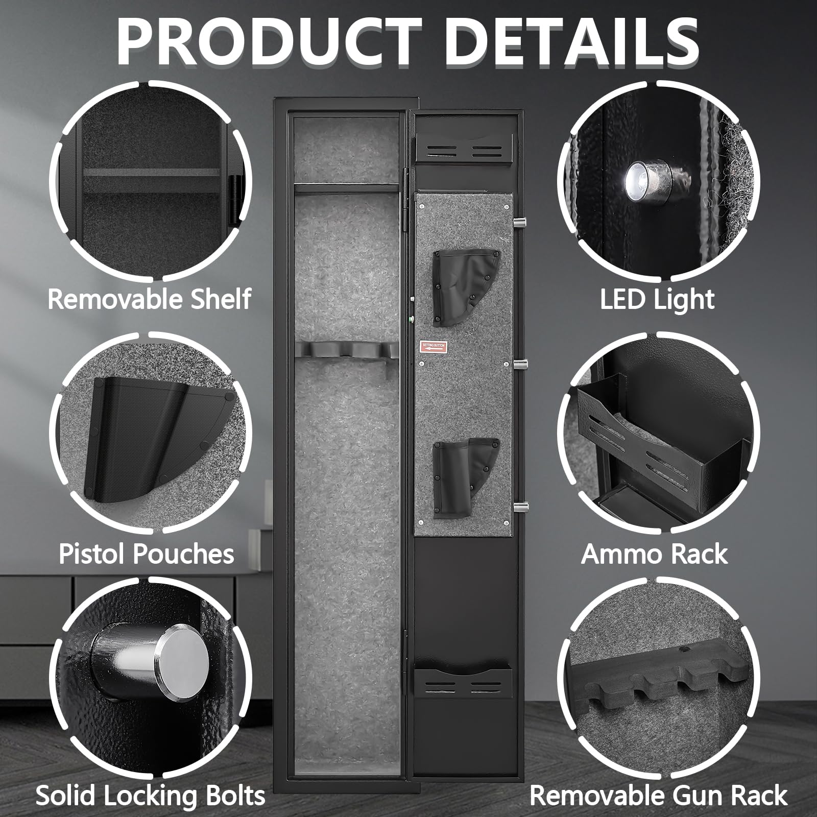 2 Gun Safe with Alarm System - Quick Access Electronic Rifle & Pistol Cabinet for Home & Office Security - Includes Removable Shelf, Pistol Bags & Ammo Rack - Ideal for Bedroom, Closet & Vehicle Storage