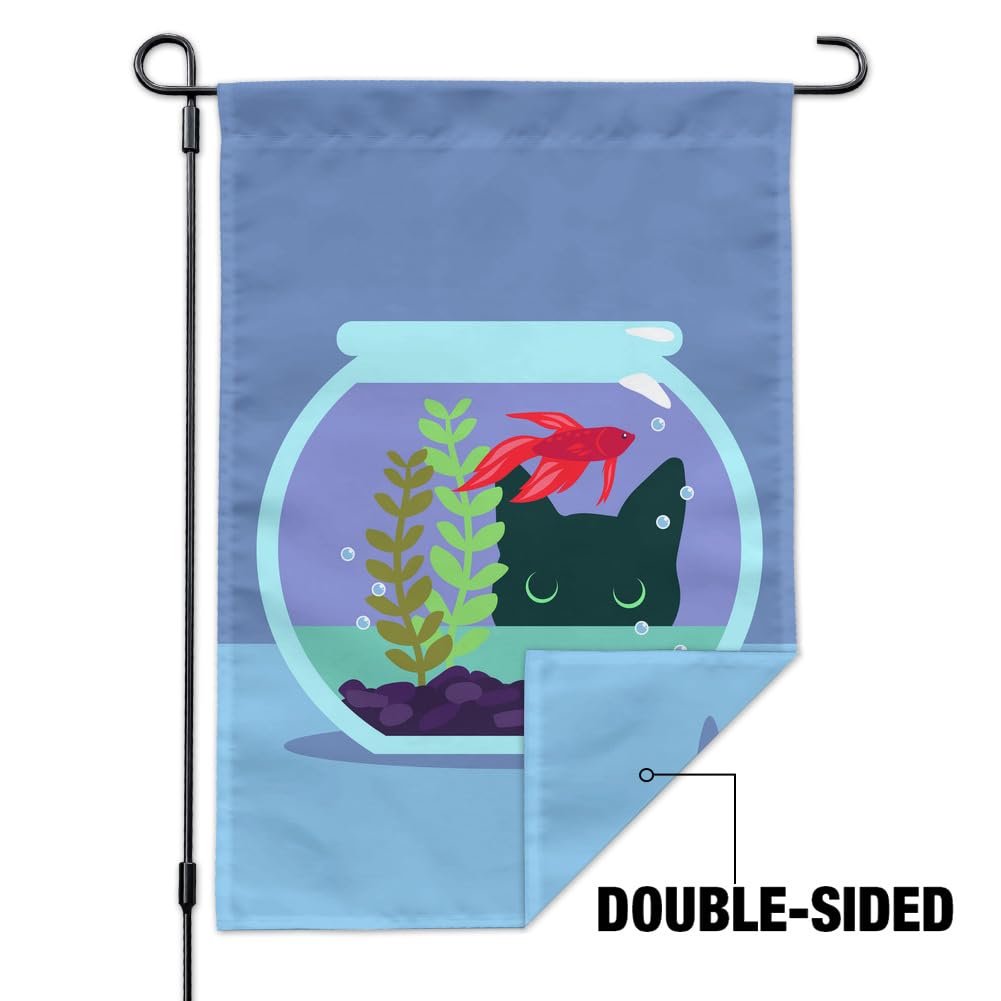 Black Cat Staring at Betta Fish Bowl - Outdoor Garden Yard Decorative Flag for Patio, Lawn & Home Decor - Perfect for Halloween, Pet Lovers & Unique Housewarming Gifts