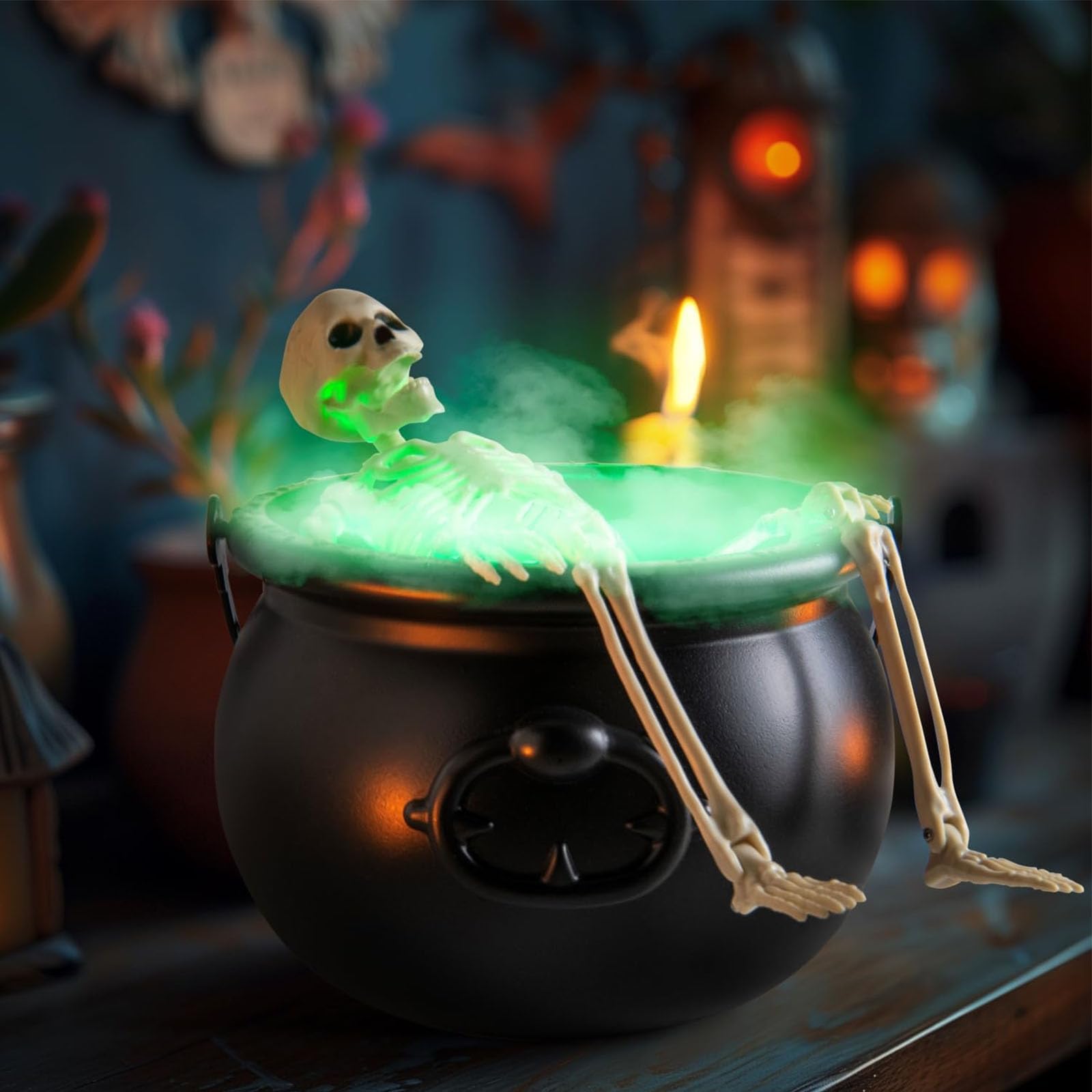 Spooky Halloween Skeleton Witches Cauldron with LED Lights & Mist Maker - Indoor Horror Decor for Halloween Party, Haunted House, and Themed Events