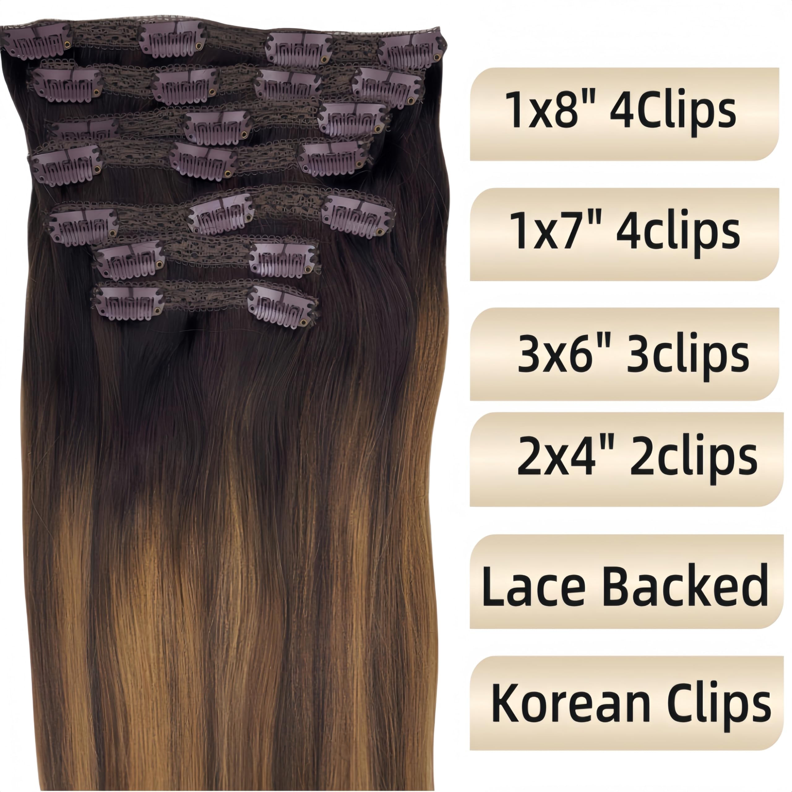 16 Inch Ombre Piano Color Clip-In Human Hair Extensions - Dark Brown Roots to Chestnut Blonde Balayage Highlights, Double Wefted, 100g, Silky Soft for Volume & Length | Perfect for Parties, Weddings & Daily Styling